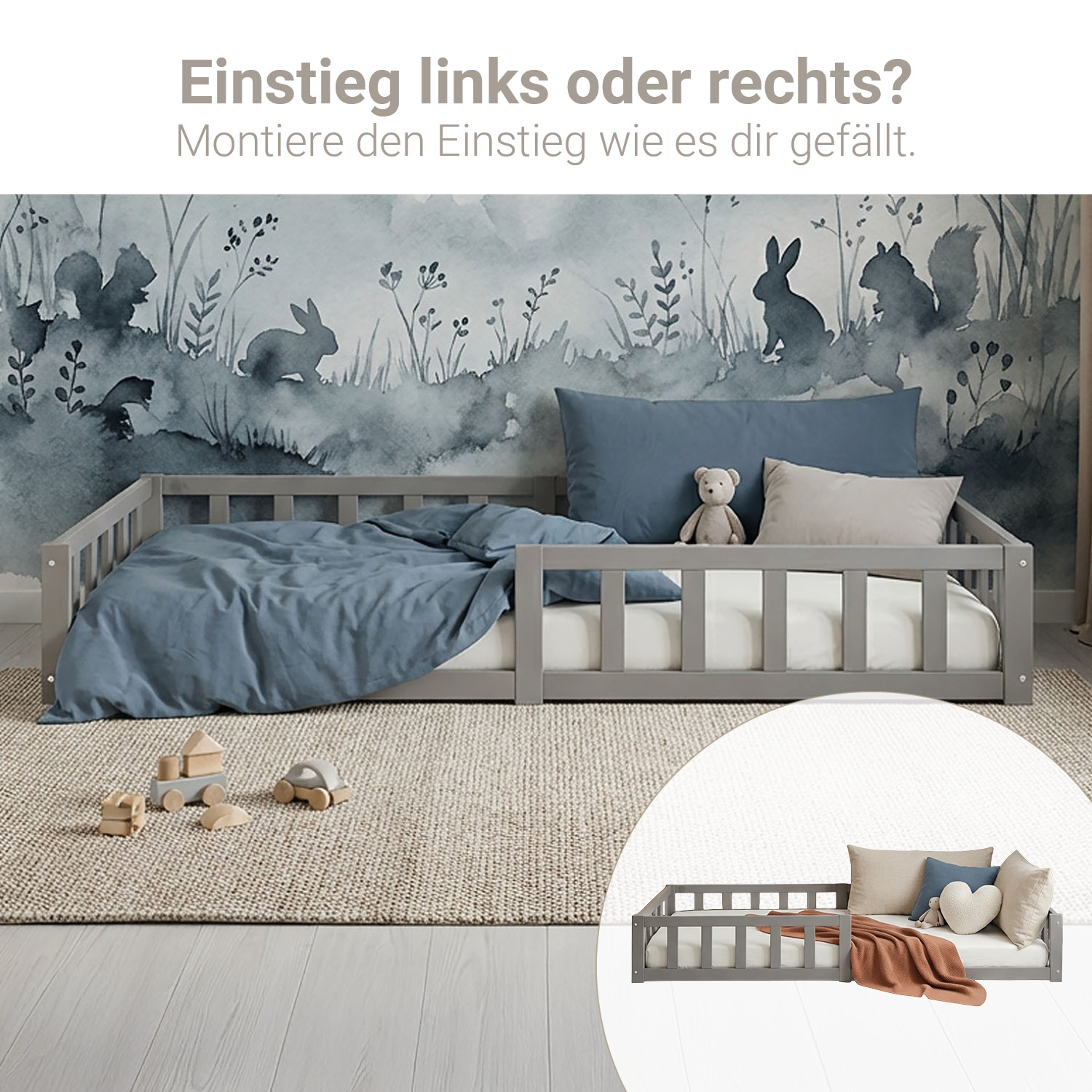 Children's Bed 90x200 Grey | Floor Bed with Mattress & Slatted Frame | with Fall Protection | Montessori