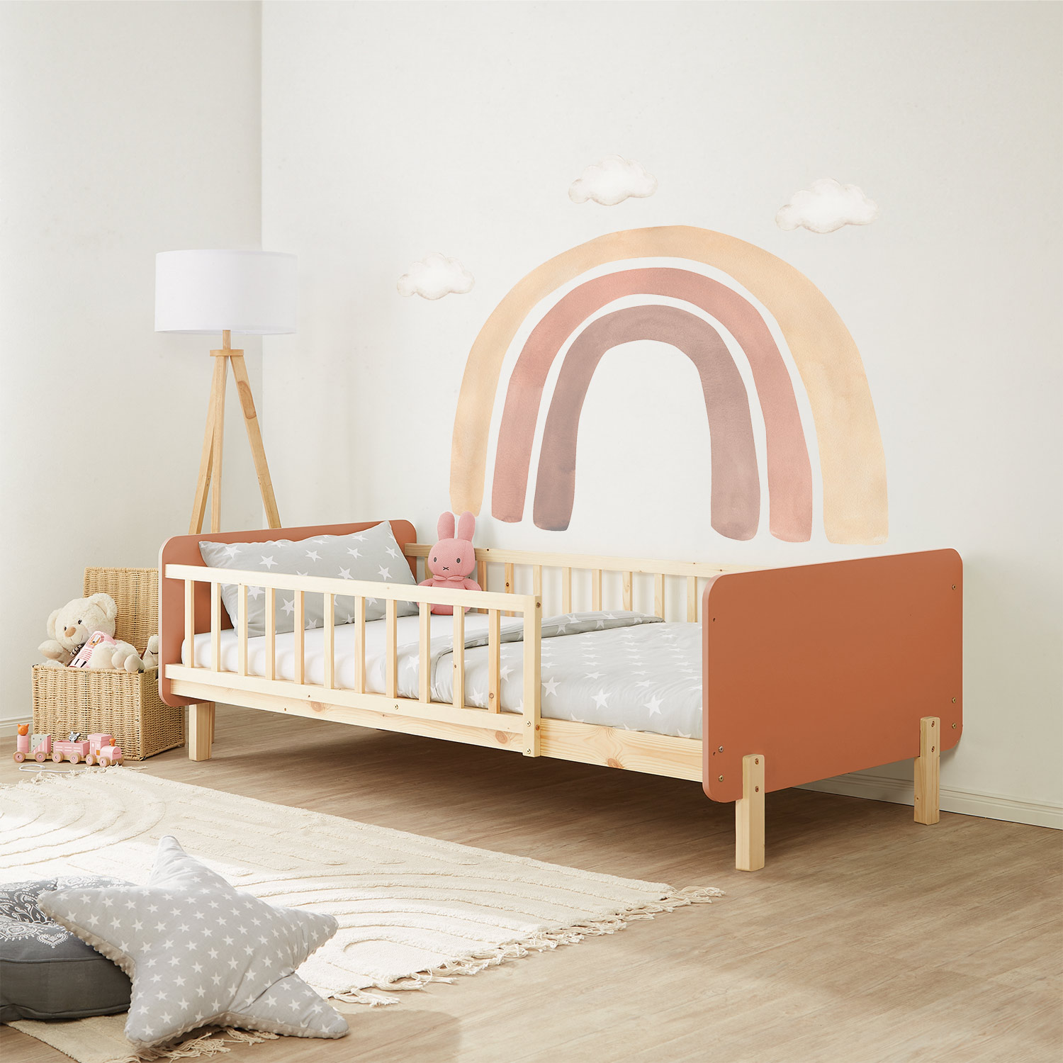 Single bed 90x200 cm White Green Red Wooden Bed frame Toddler bed with safety rail Kids bed Childrens bed Mattress Slatted frame
