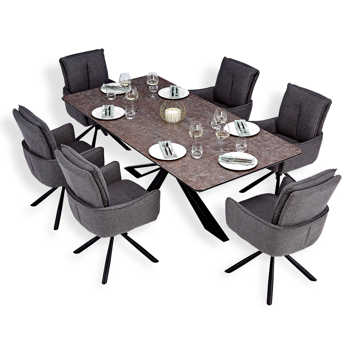 Dining set | 6-piece set upholstered chairs anthracite with armrest | swivel | dining table brown metal frame 200 x 100 cm