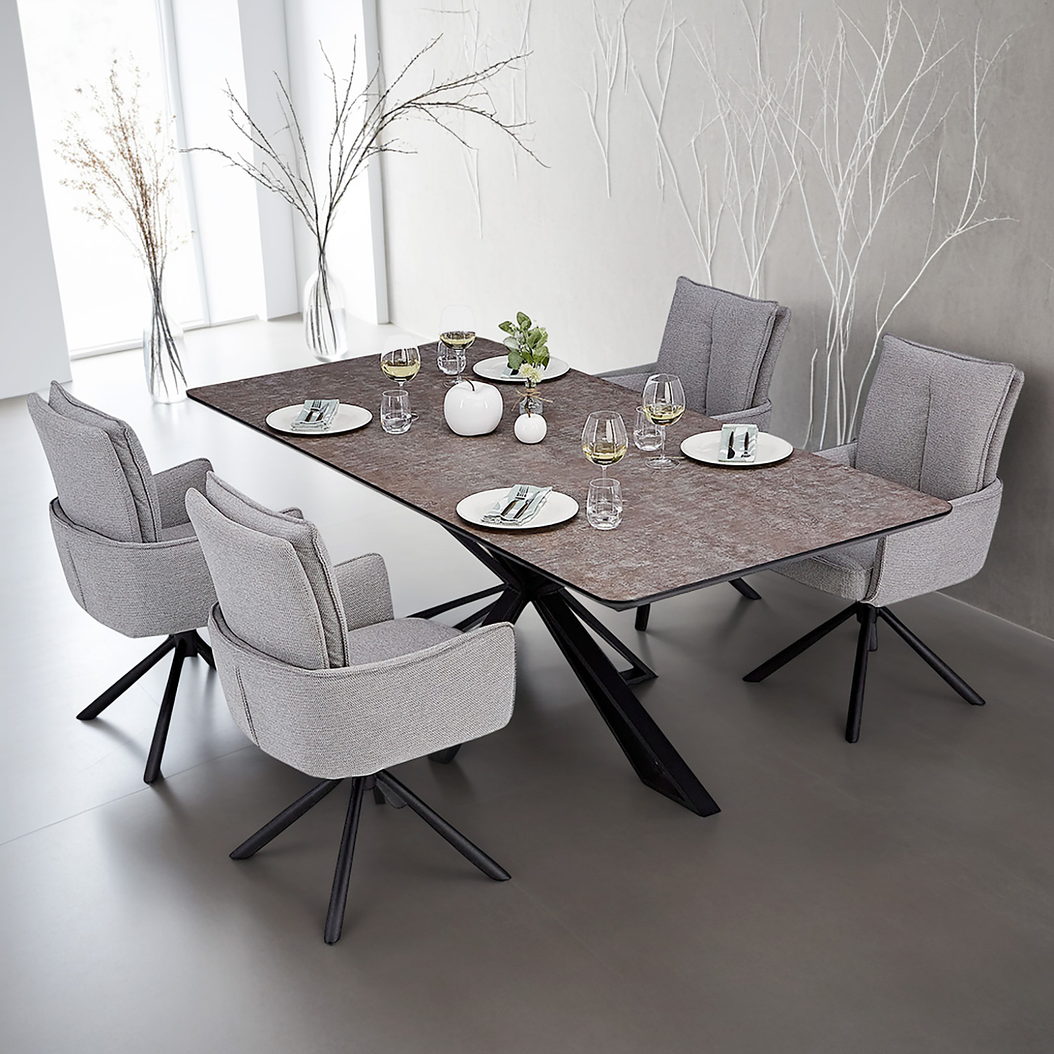 Dining set | 4-piece set upholstered chairs grey with armrest | swivel | dining table brown metal frame 200 x 100 cm