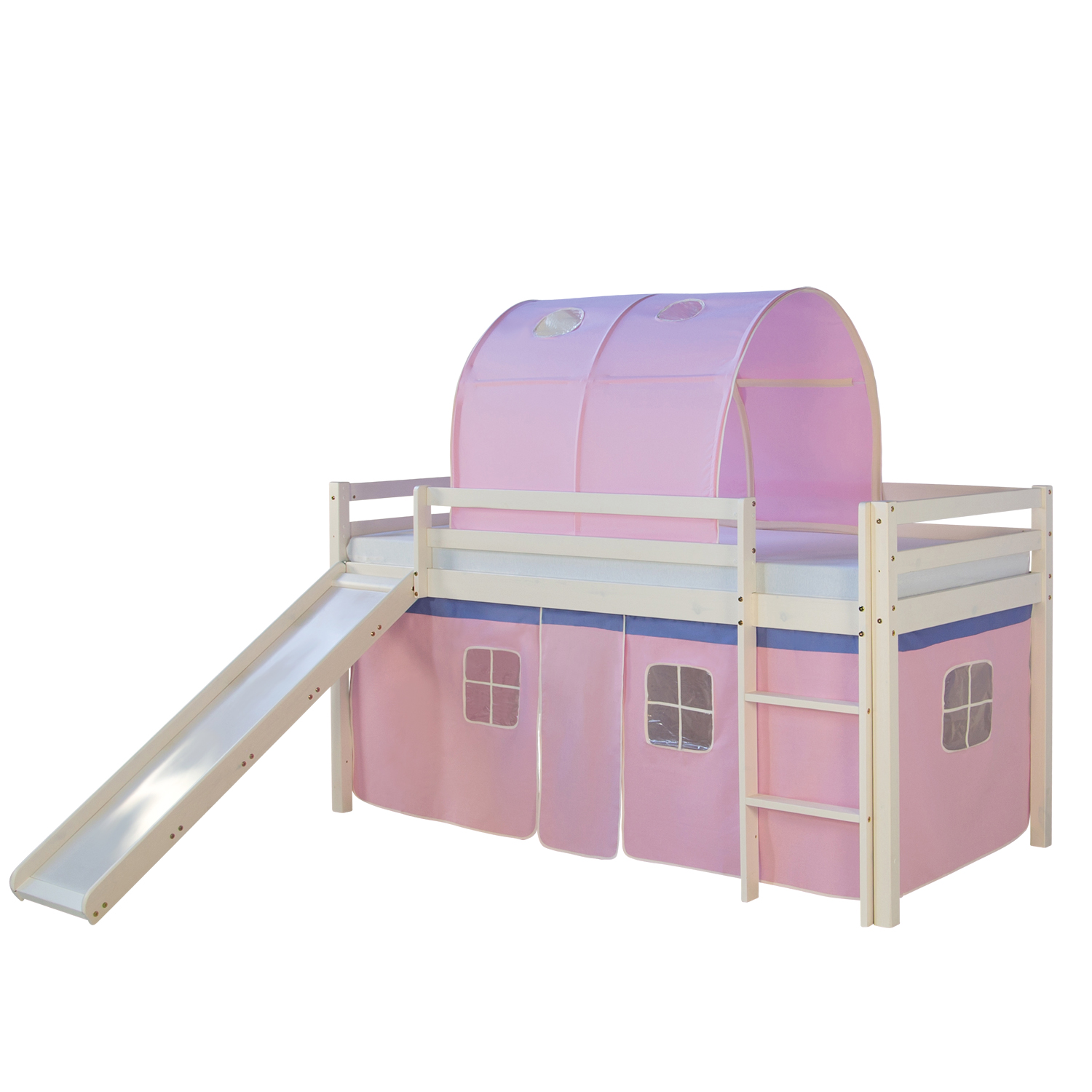 Loft Bed Kids 90x200 cm White with Curtain in Pink | Tunnel | Slide | with Slatted Frame
