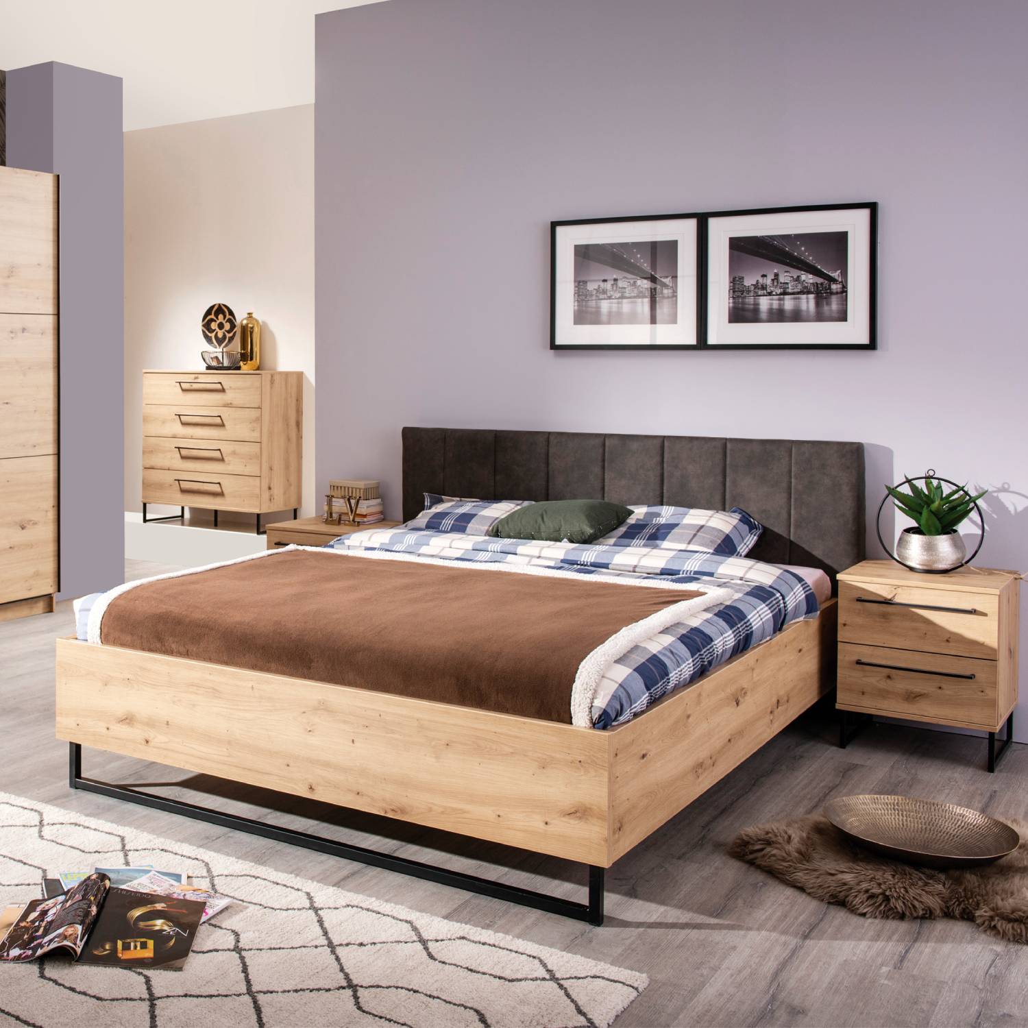 Wooden bed with upholstered headboard 160x200 cm oak und grey | with slatted frame | double fabric bed | industrial style