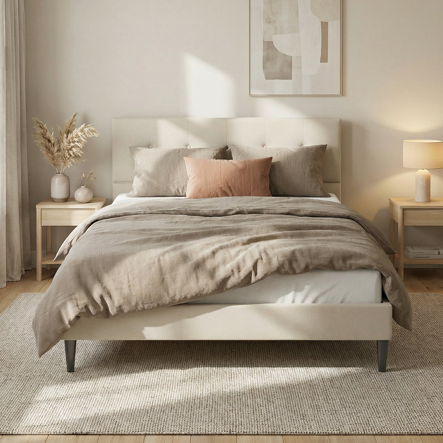 Upholstered bed 140x200 cm beige | with slatted frame | double fabric bed frame