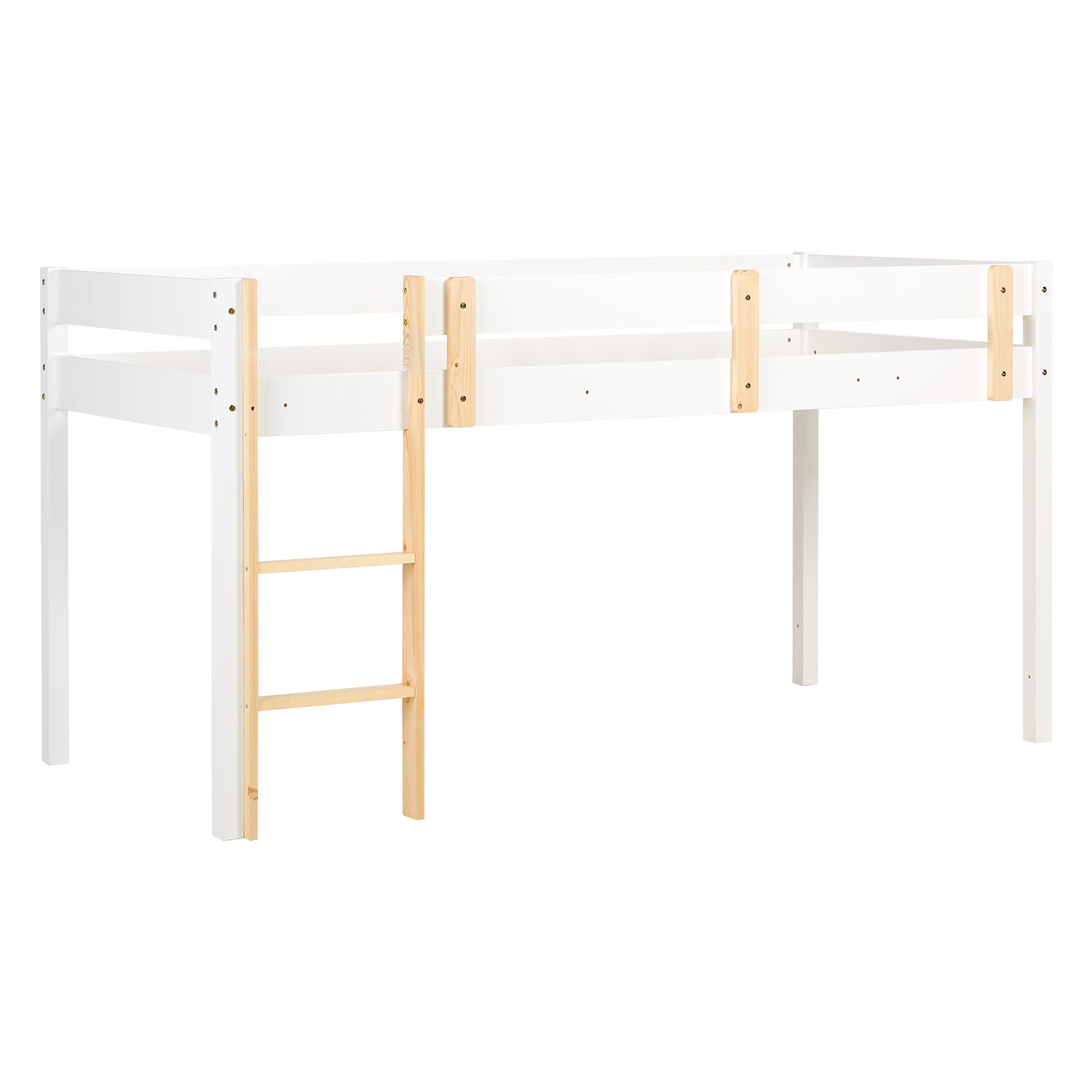 Loft Bed Kids 90x200 cm White | Ladder Natural | Fall Protection | with Slatted Frame