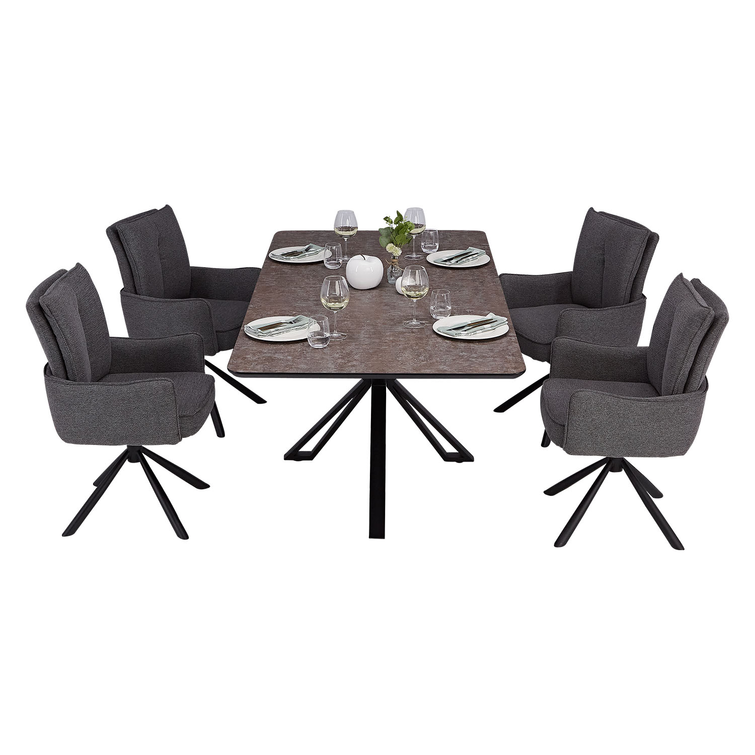 Dining set | 4-piece set upholstered chairs anthracite with armrest | swivel | dining table brown metal frame 200 x 100 cm