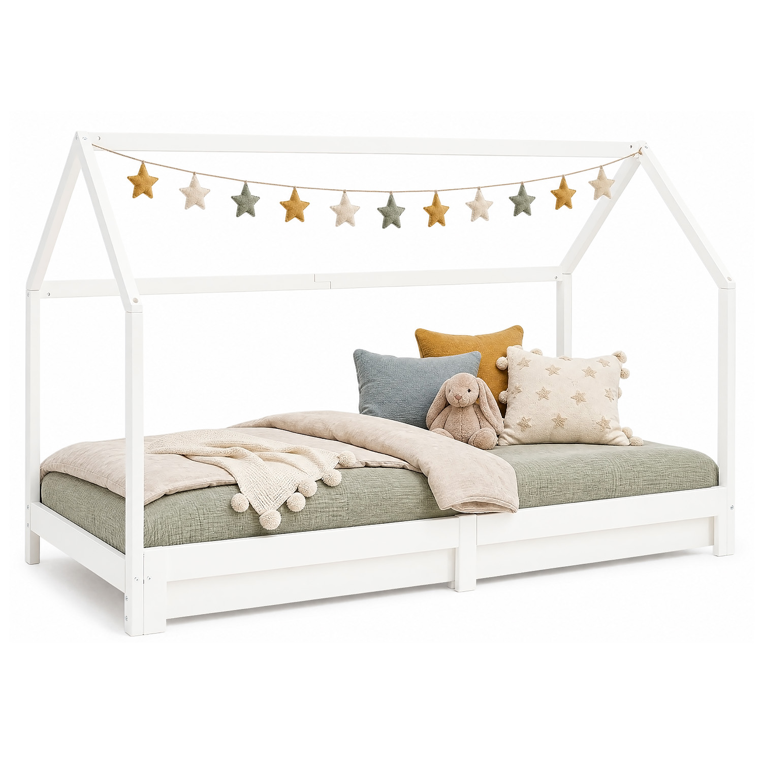 Children's Bed 90x200 cm White | House Bed Extendable to Double Bed | Functional Bed | with Slatted Frame | Wood
