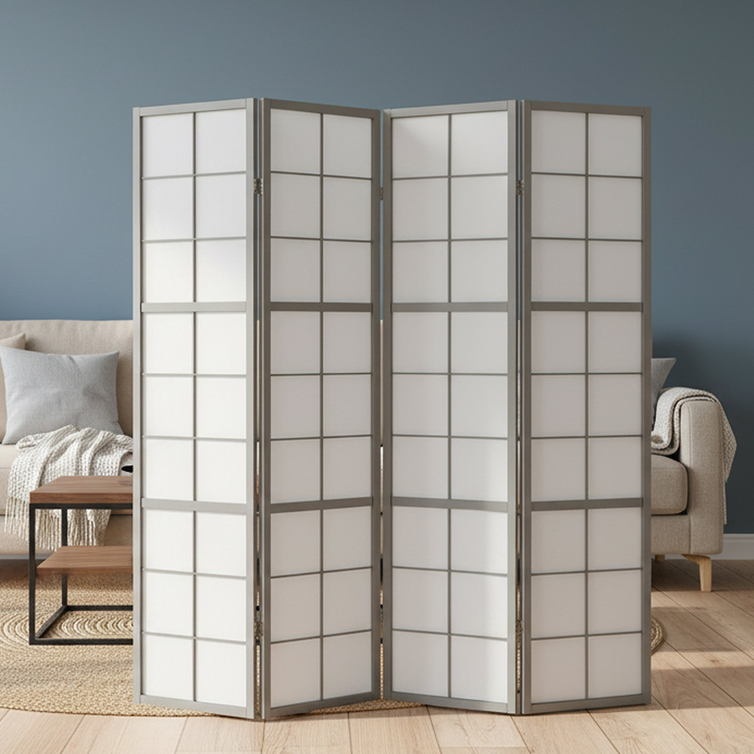 Paravent Grey Shoji | 4-panel | Wood | Room Divider | Partition Privacy Screen