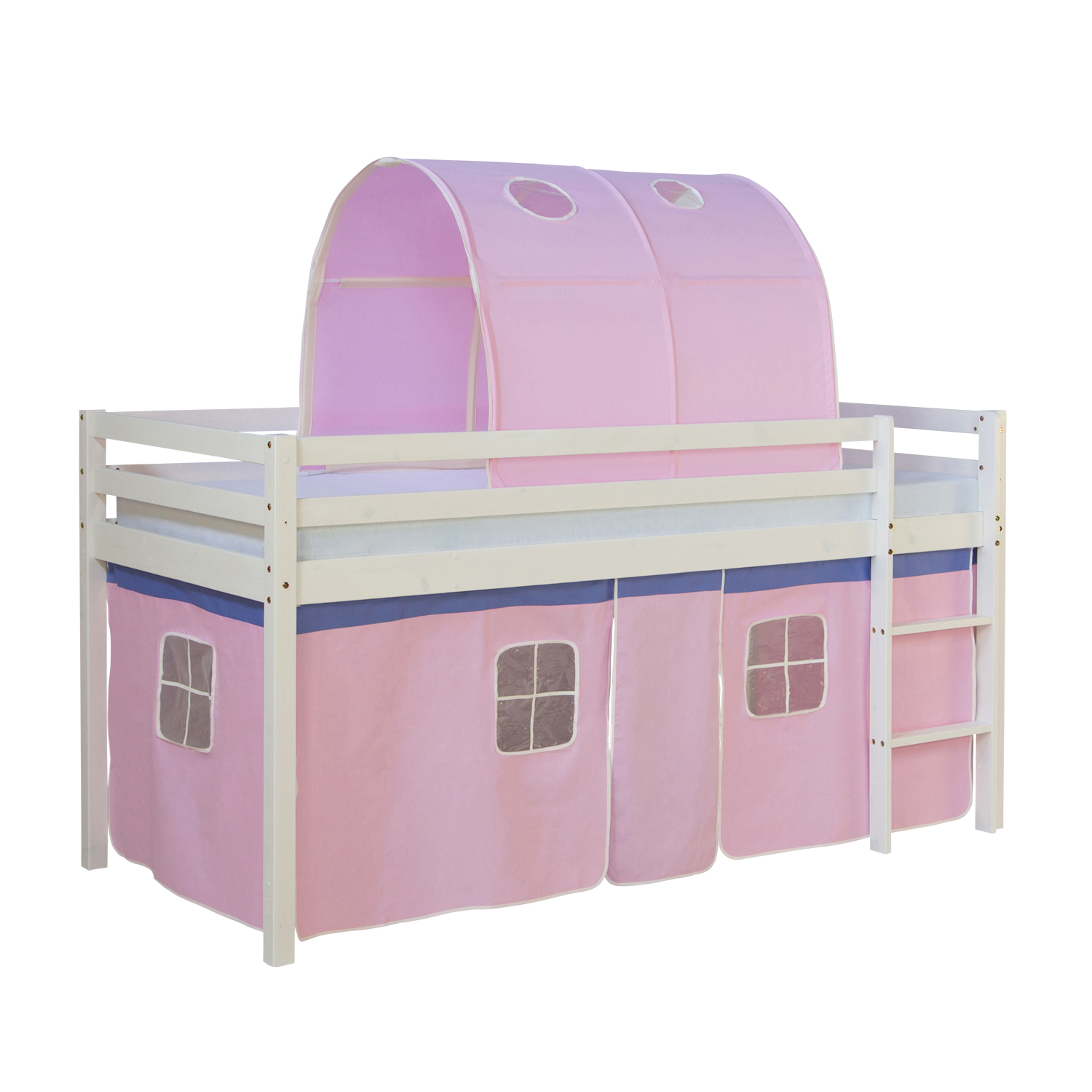 Loftbed 90x200 cm with Slats Bunk bed Childrens bed Tunnel Curtain Pink Solid Pine Wood