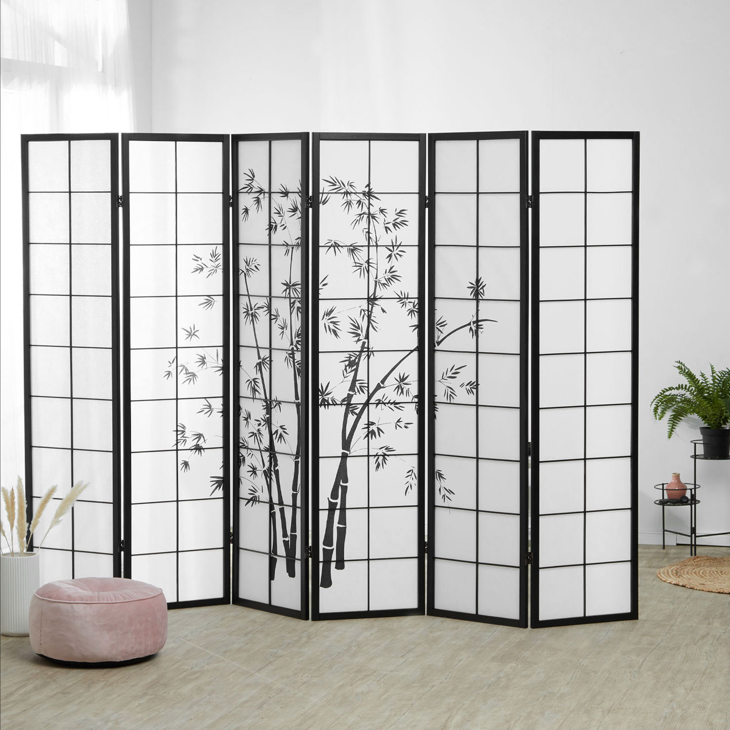 Paravent room divider 3 4 5 or 6 parts, wood black, rice paper white, bamboo pattern, height 179 cm