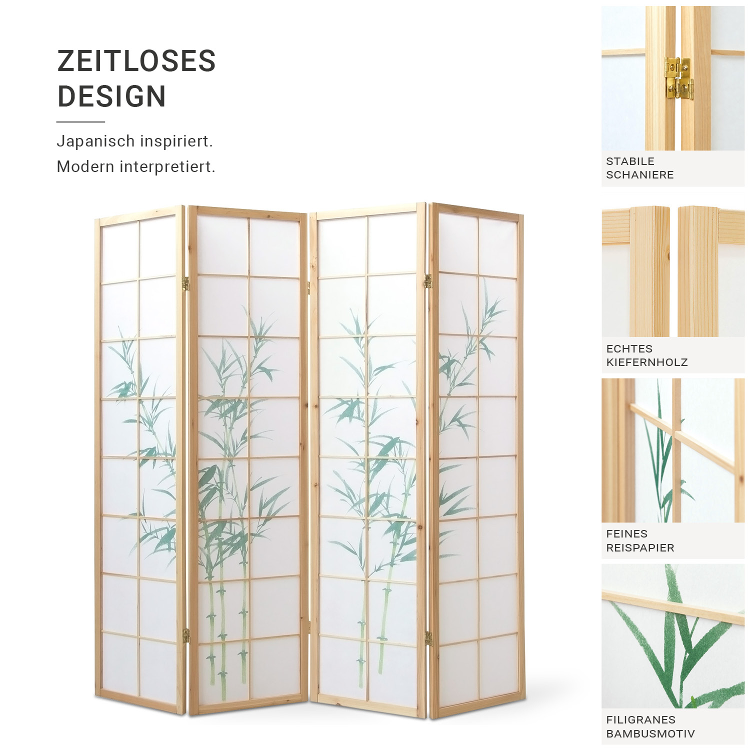 4-Panel "Nature" Screen – Wooden Room Divider with Bamboo Pattern & Rice Paper