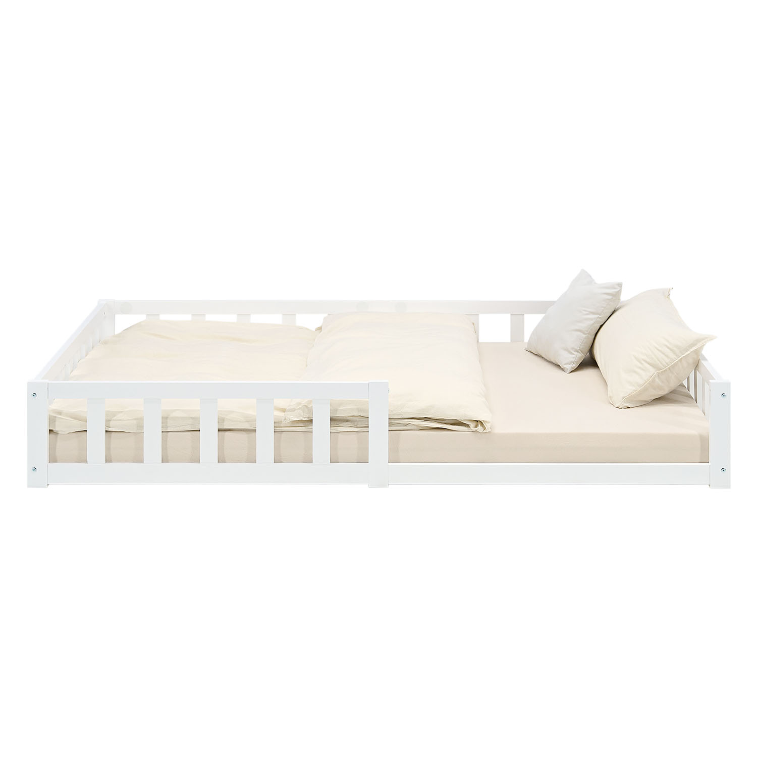 Montessori Crib 120x200 cm White, Includes Mattress & Slatted Base – Floor-Level Crib with Safety Rail Made of Solid Wood