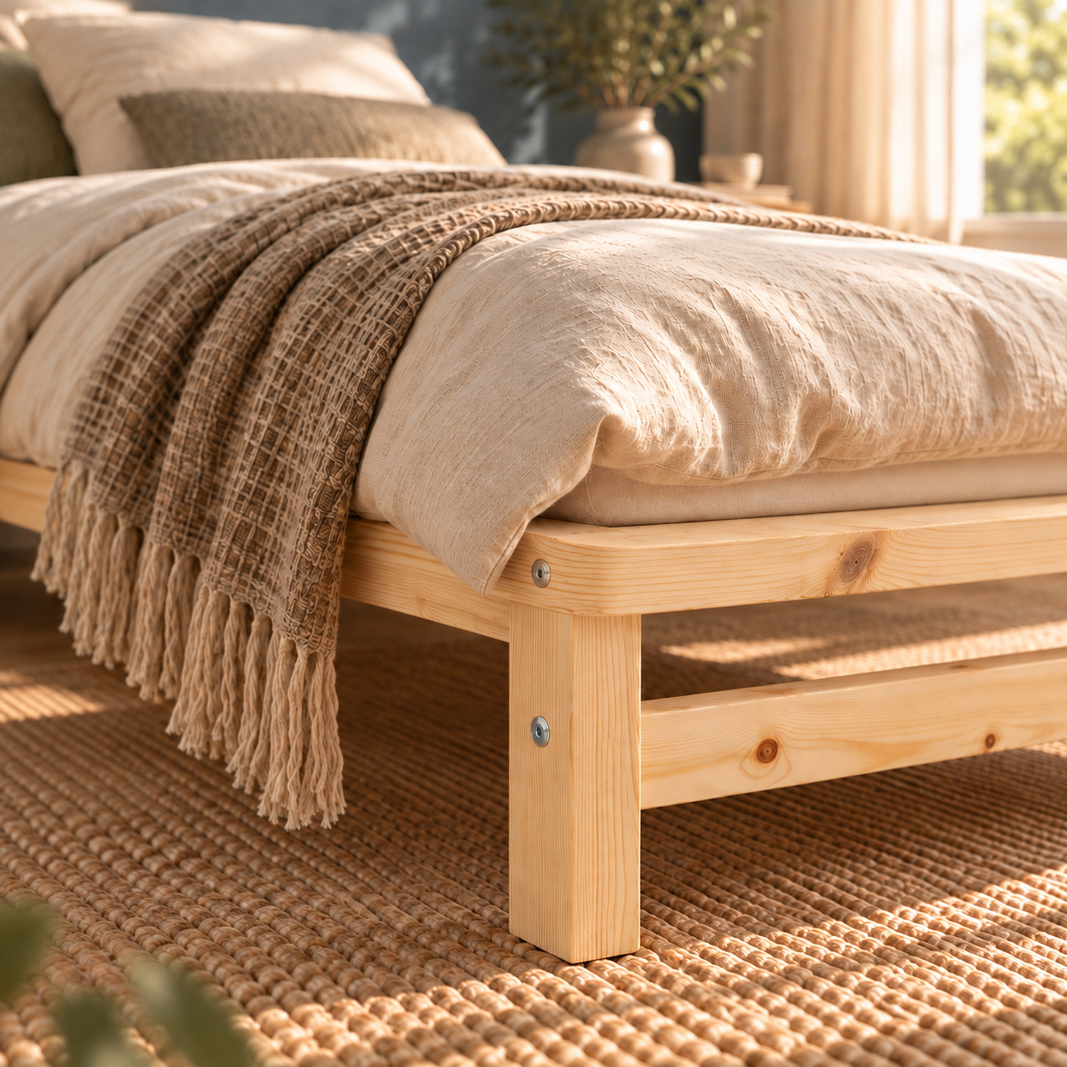90x200 cm Natural Wooden Pallet Bed – Single Wooden Bed with Mattress & Slatted Base for Teen Rooms, Guest Rooms, and Bedrooms
