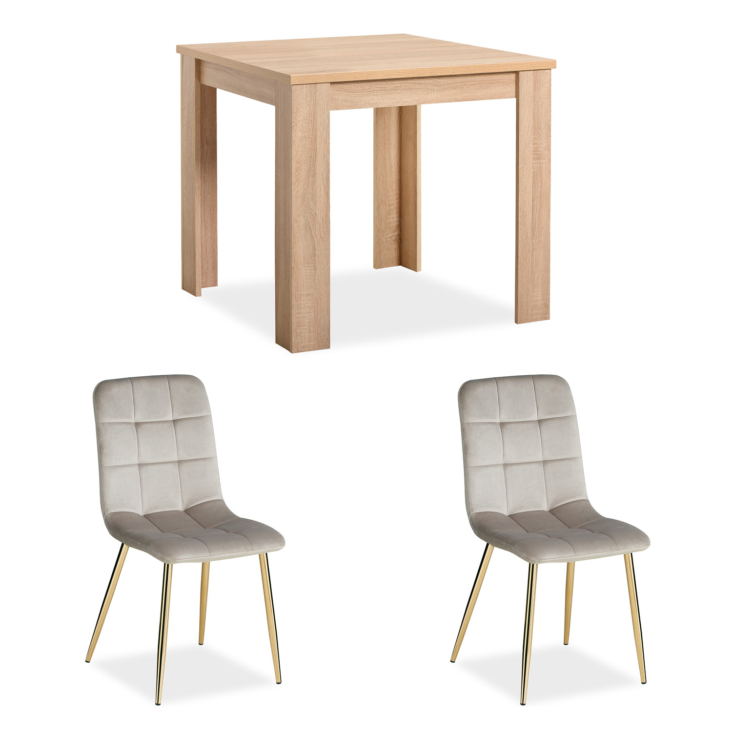 Essgruppe in Naturholzfarbe und Creme mit Holzelementen und Samtbezug. Die Essgruppe mit 2 gepolsterten Stühlen ist in einem hellen Essbereich eingerichtet. Der Tisch und die Stühle sind zusammen mit Grünpflanzen und Wandschmuck zu sehen.