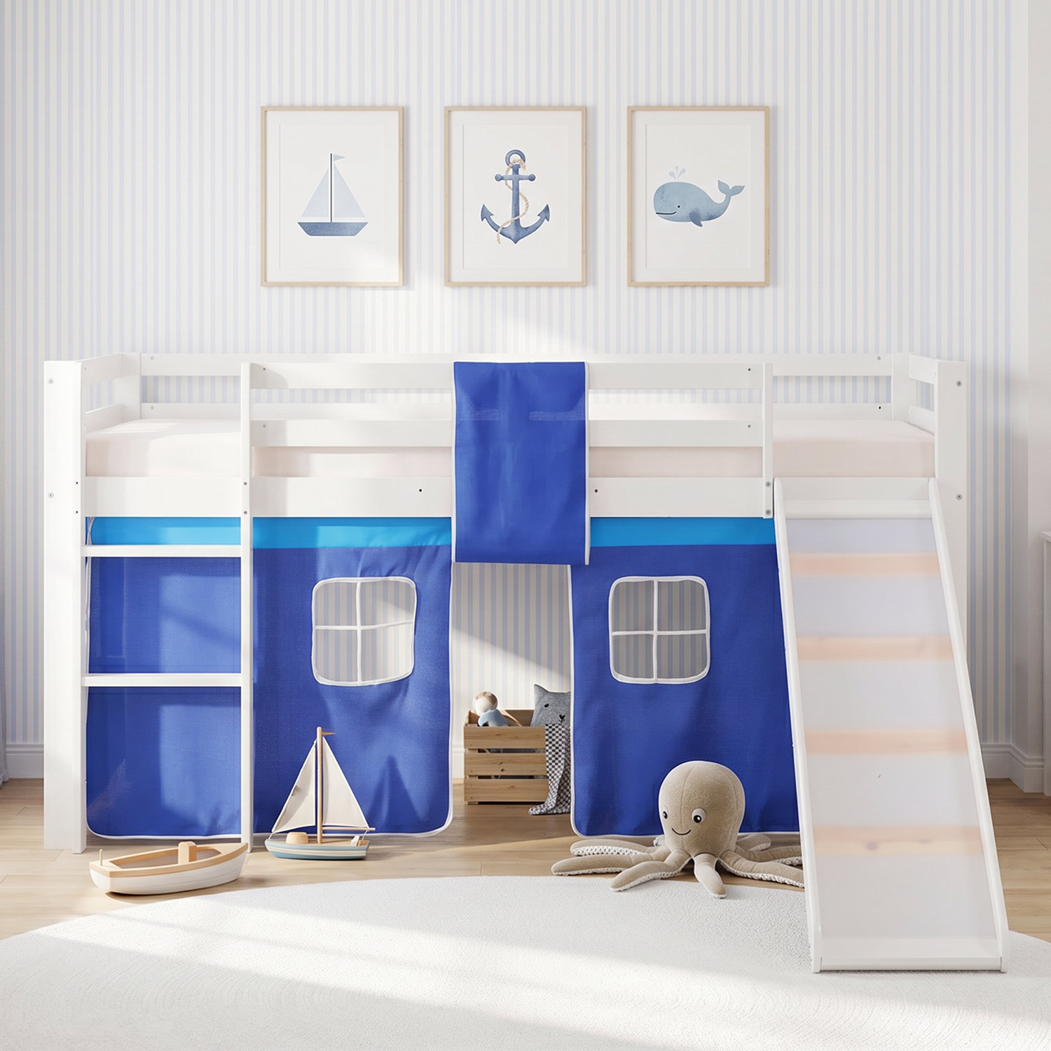 Children's Loft Bed 90x200 cm White with Blue Curtain | Slide | Without Slatted Base | For Boys