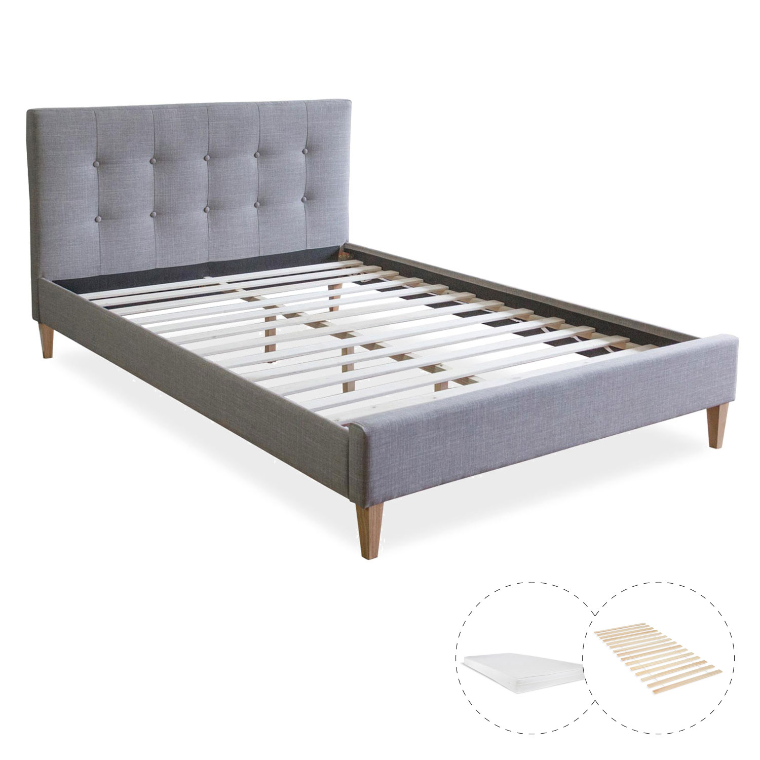 Upholstered Bed with Mattress 140x200 Slatted Frame Double Bed Fabric Bedstead Bed Grey