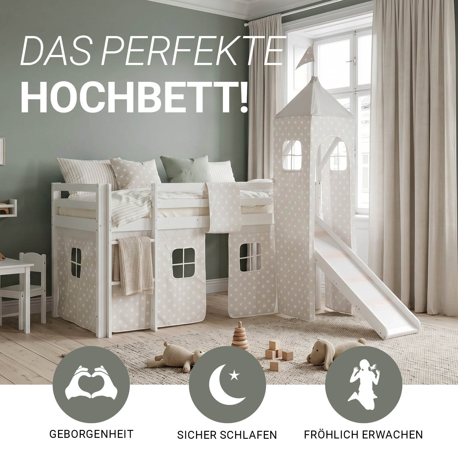 Children's Loft Bed 90x200 cm White with Star Curtain | Tower | Slide | Includes Slatted Base | Includes Mattress