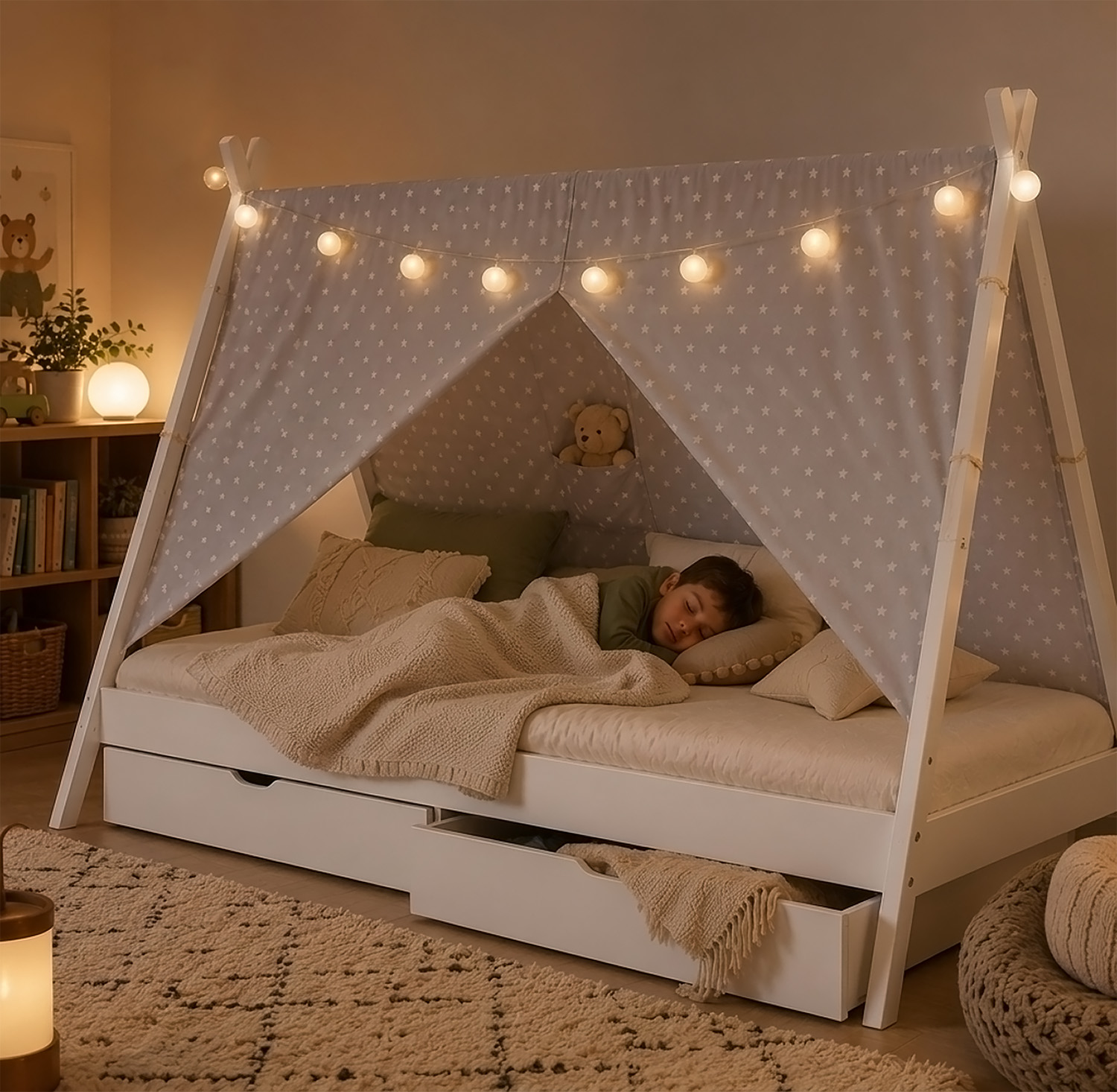 Children's Bed 90x200 cm White Gray Fabric | Tent Bed with Drawers | Single Bed | with Slatted Frame | Wood