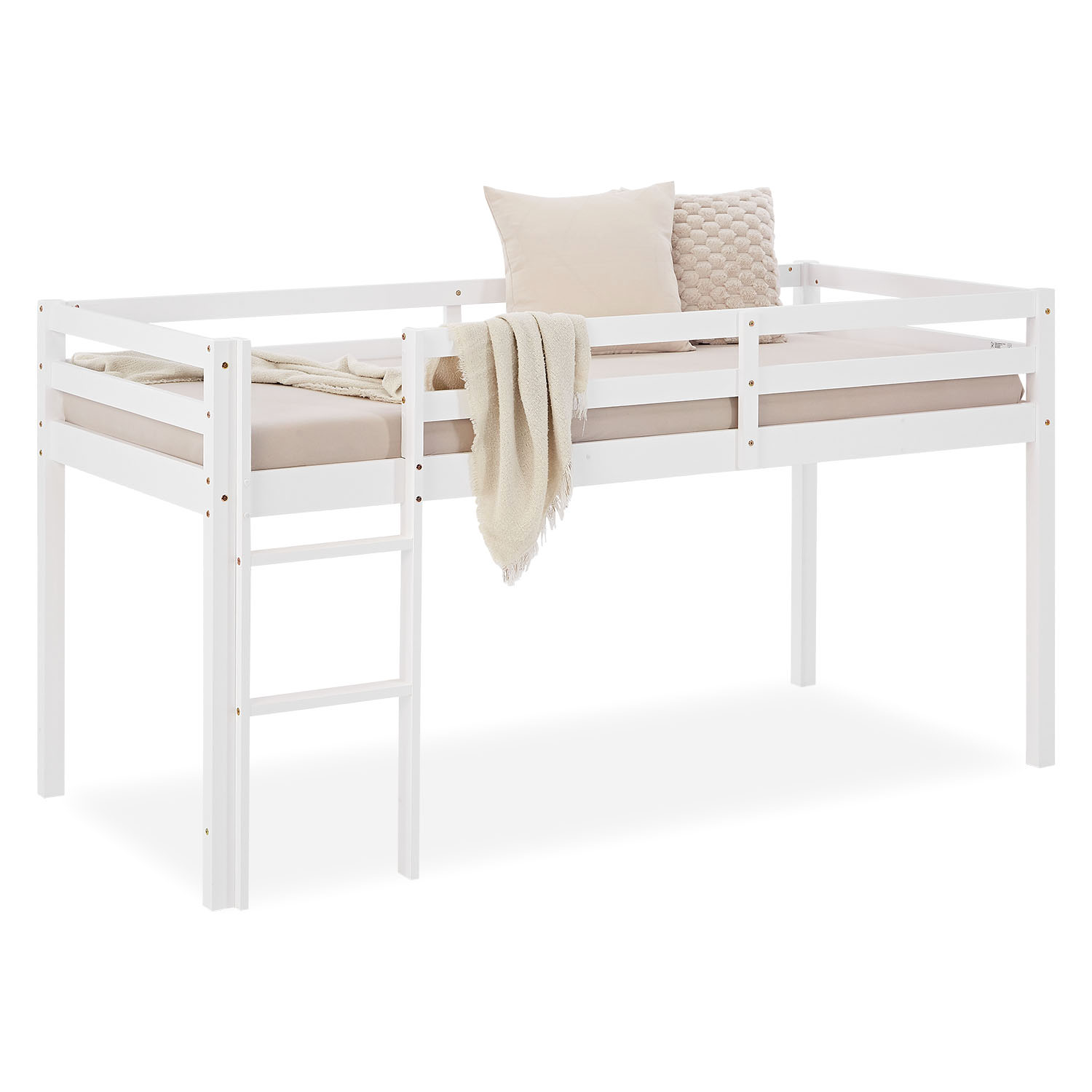 White wooden loft bed with integrated ladder and safety rails ? minimalist and space-saving bed frame for children's and teenagers' rooms.