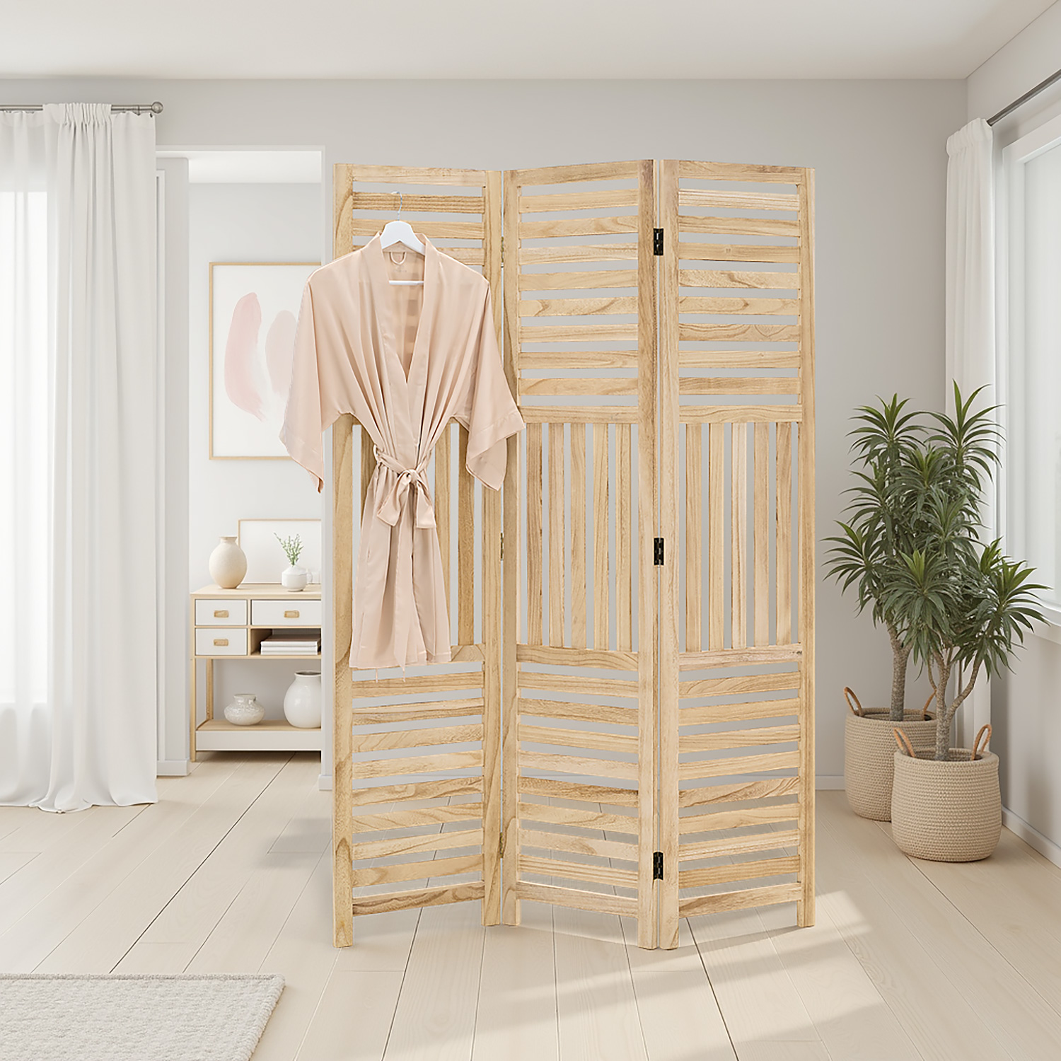 Paravent Natural Wooden Slats | 3-panel | Wood | Room Divider Partition Privacy Screen