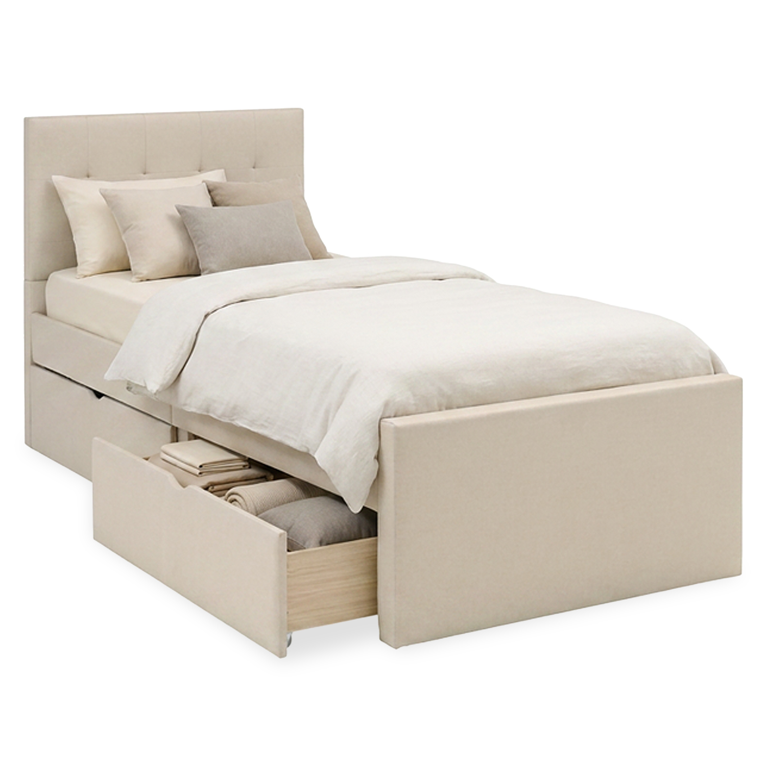 Upholstered bed 90x200 cm beige | with slatted frame | with 2 bed drawers | single fabric bed frame