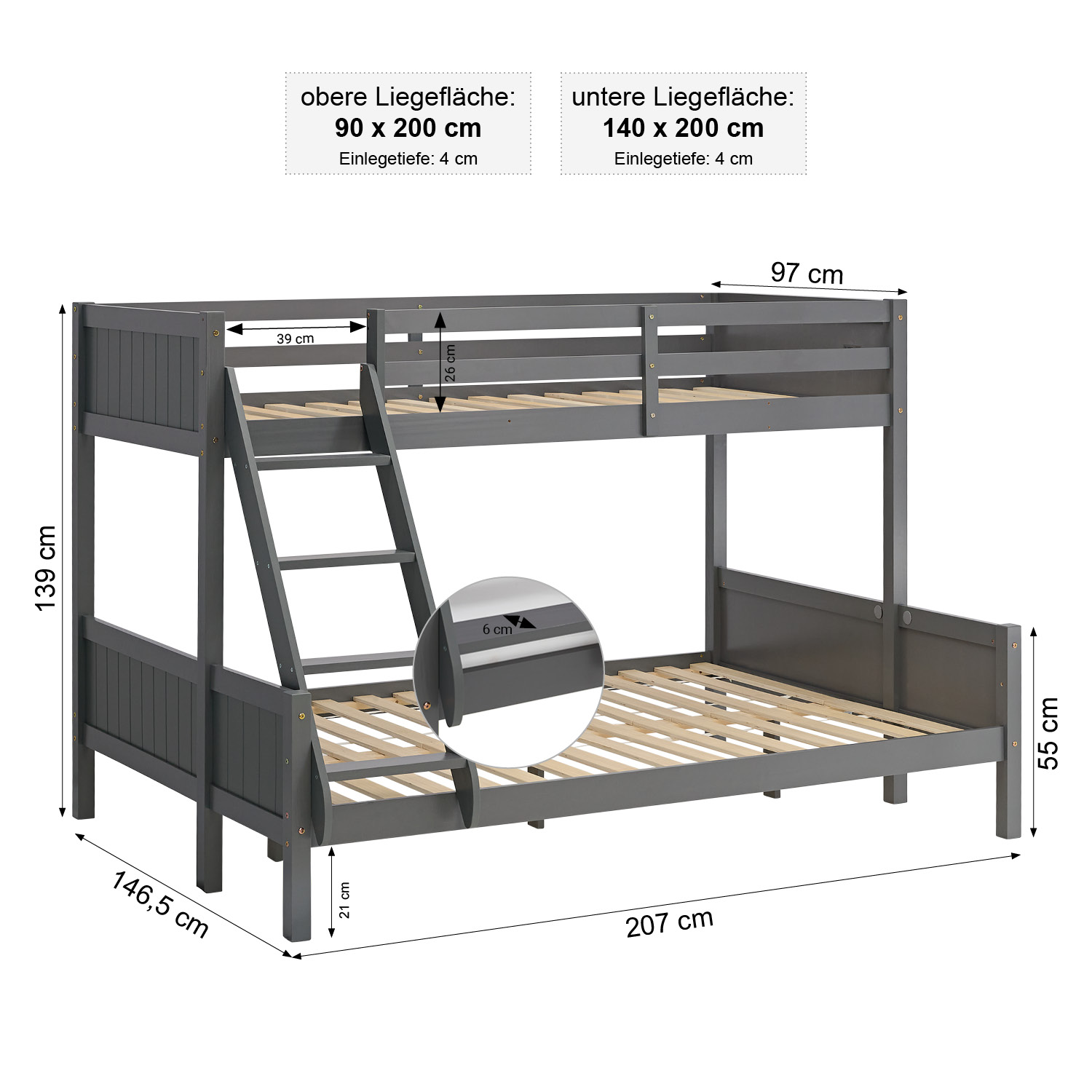 Bunk Bed with 2 Mattresses 90x200 and 140x200 cm Kids Bed Grey Wood Cabin Bed High Sleeper Bed Loft Bed Childrens Bed Twin Bed