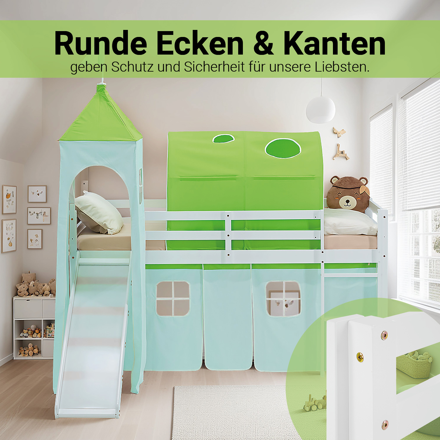 Loft Bed for Kids 90x200 cm White with Curtain in Green | Slide | Tower | Tunnel | with Slatted Frame and Mattress