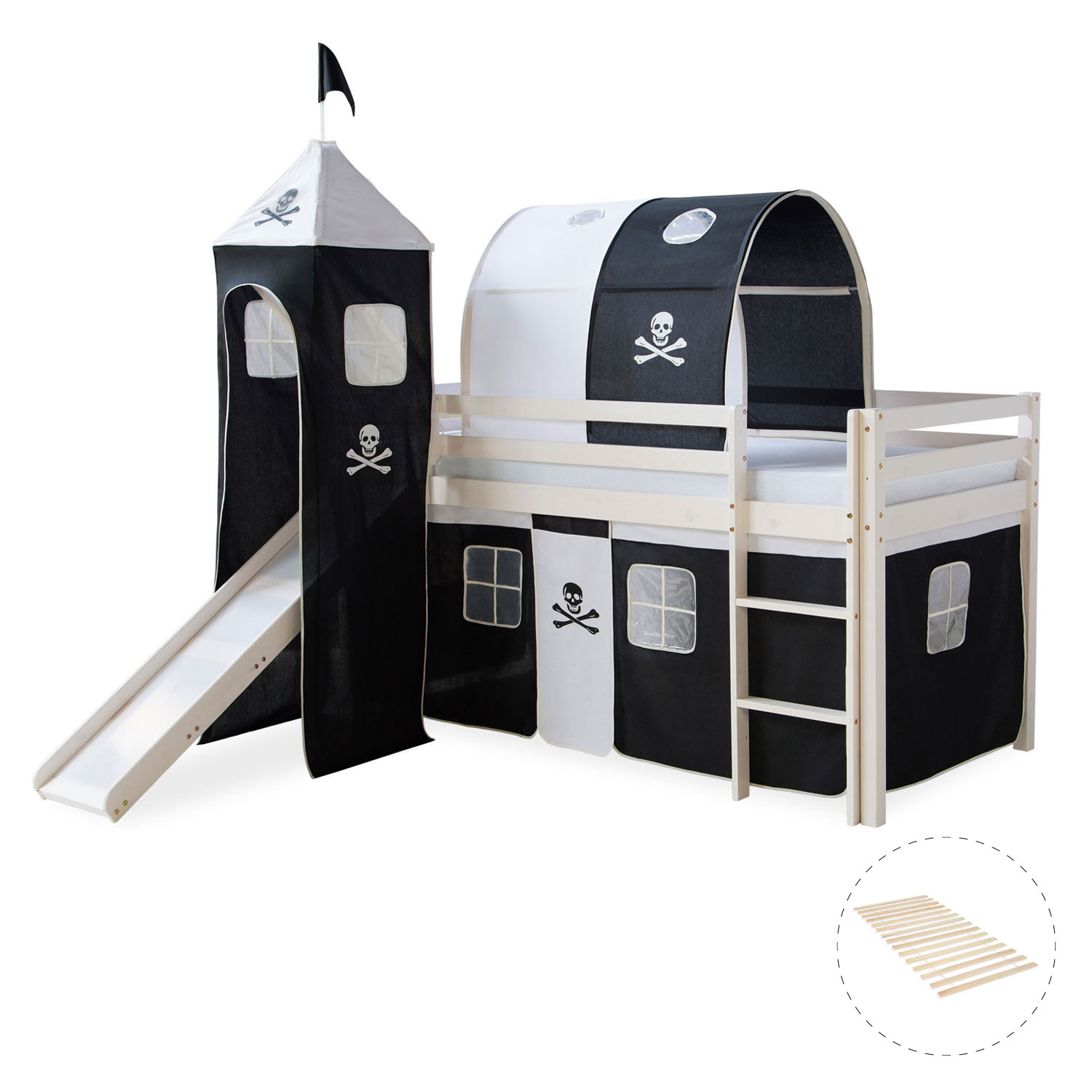 Loft Bed Kids 90x200 cm White with Curtain in Black | Tunnel | Tower | Slide | with Slatted Frame