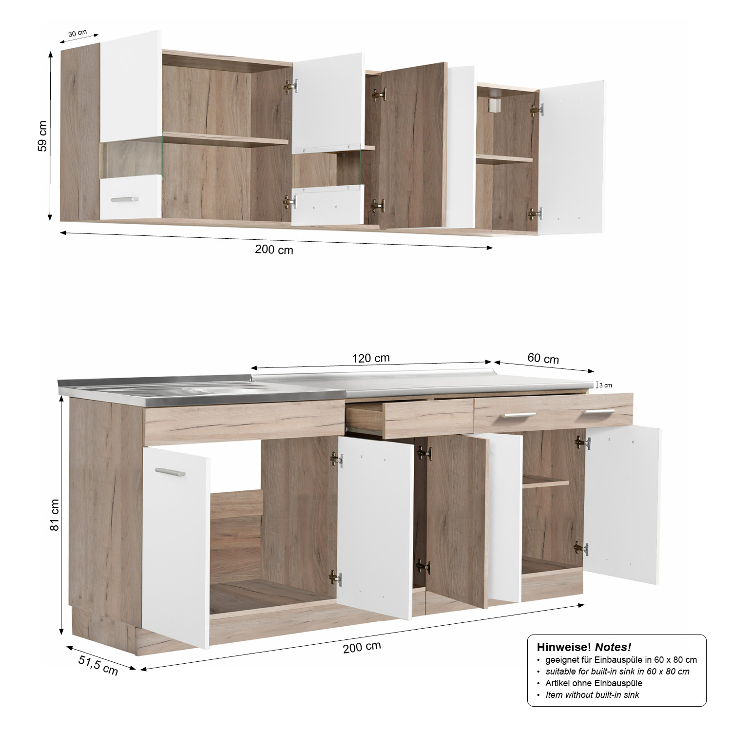 200 cm White Oak Kitchen Unit – Modern Kitchen Unit Without Appliances, Featuring Storage Space