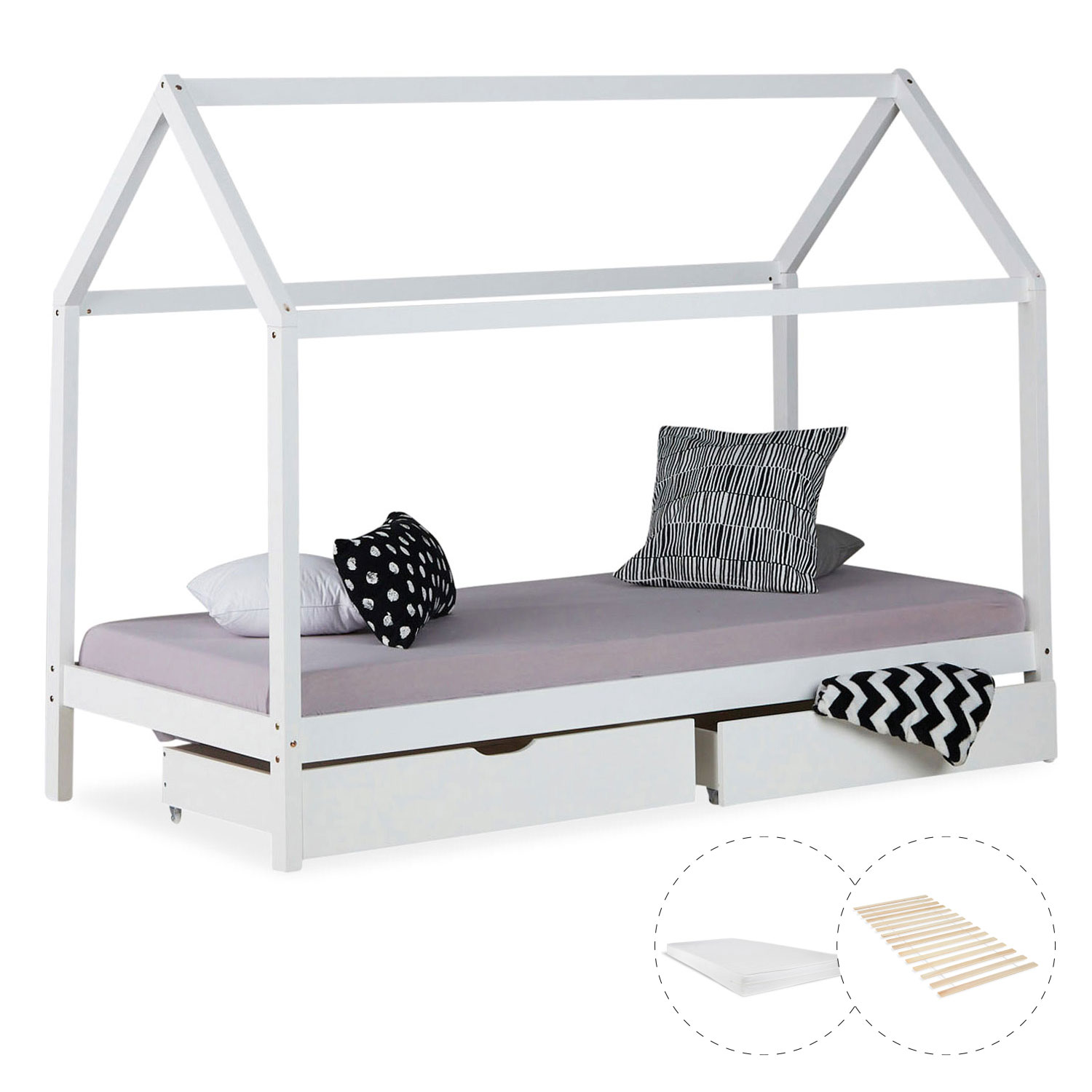 Childrens Bed with Mattress House Bed Frame For Kids 90x200 cm White With Drawers