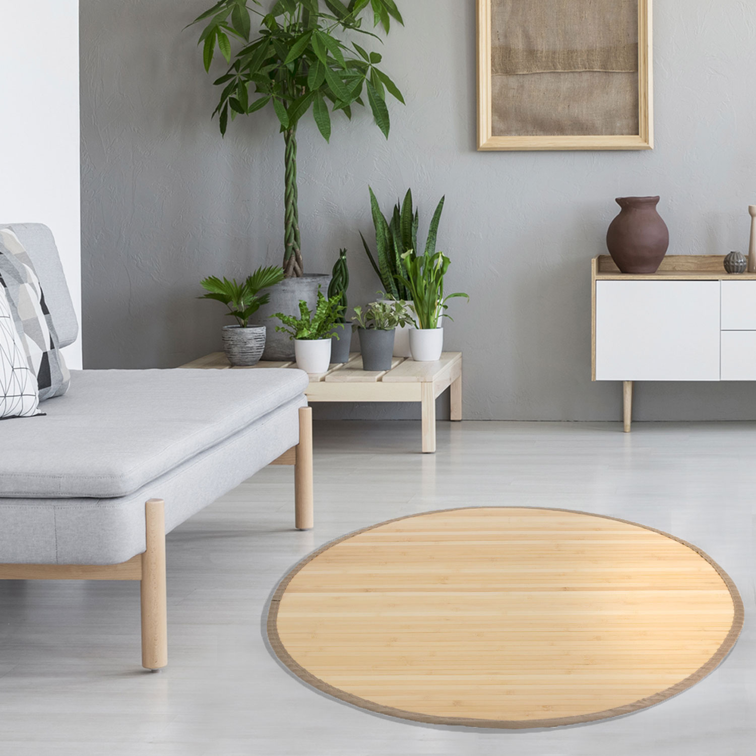 Bamboo carpet Rug 120 cm round in Light Natural