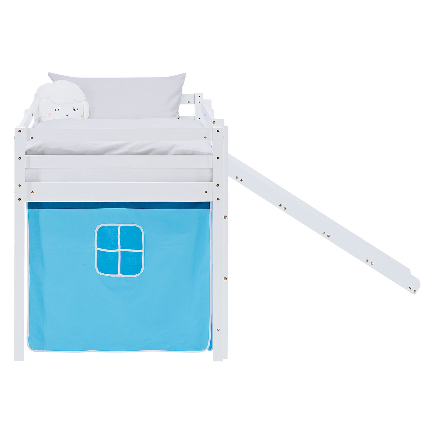 Loft Bed for Kids 90x200 cm White with Curtain in Blue | Slide | with Slatted Frame and Mattress