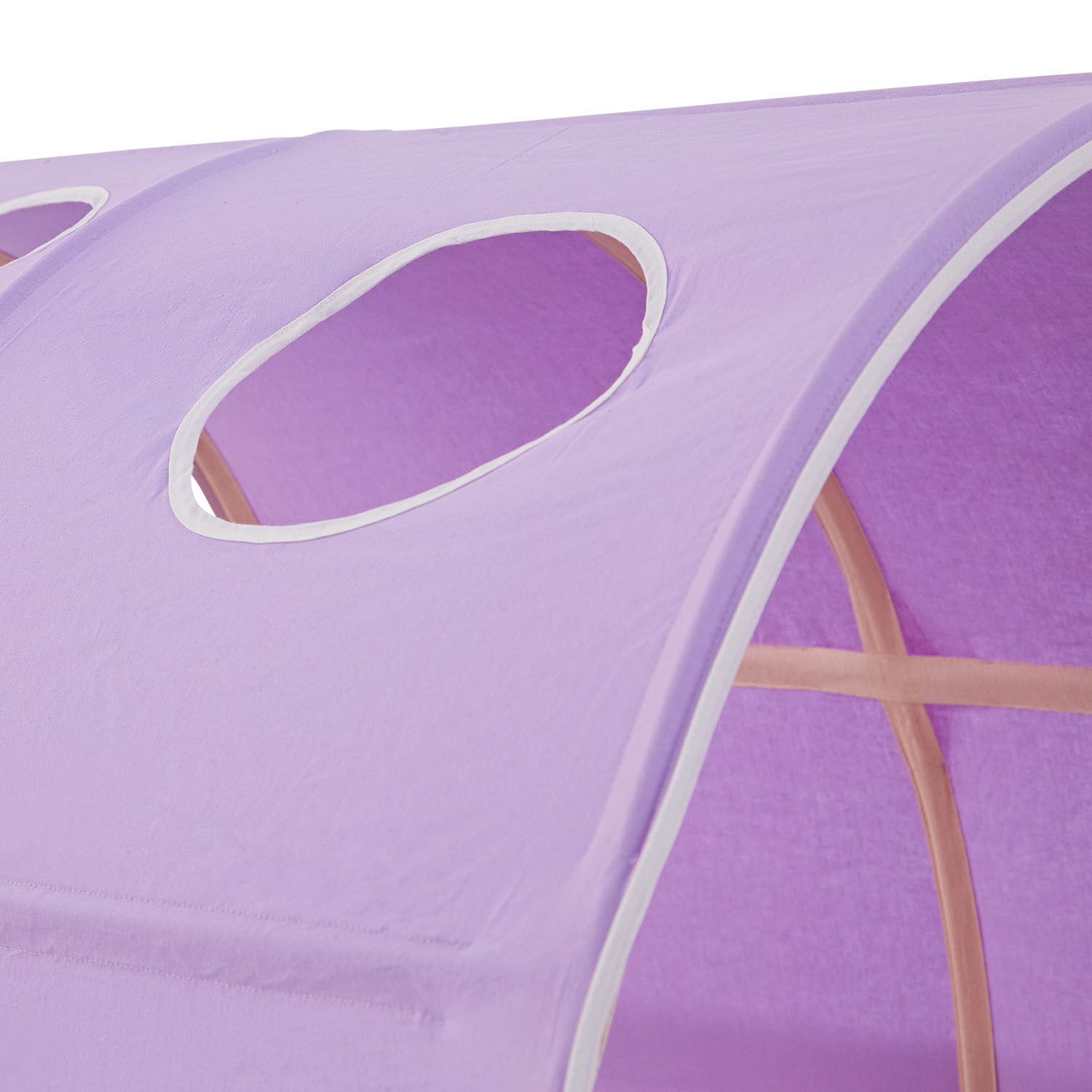 Children's Loft Bed 90x200 cm, White with Purple-Beige Curtain | Tunnel | Includes Slatted Base and Mattress