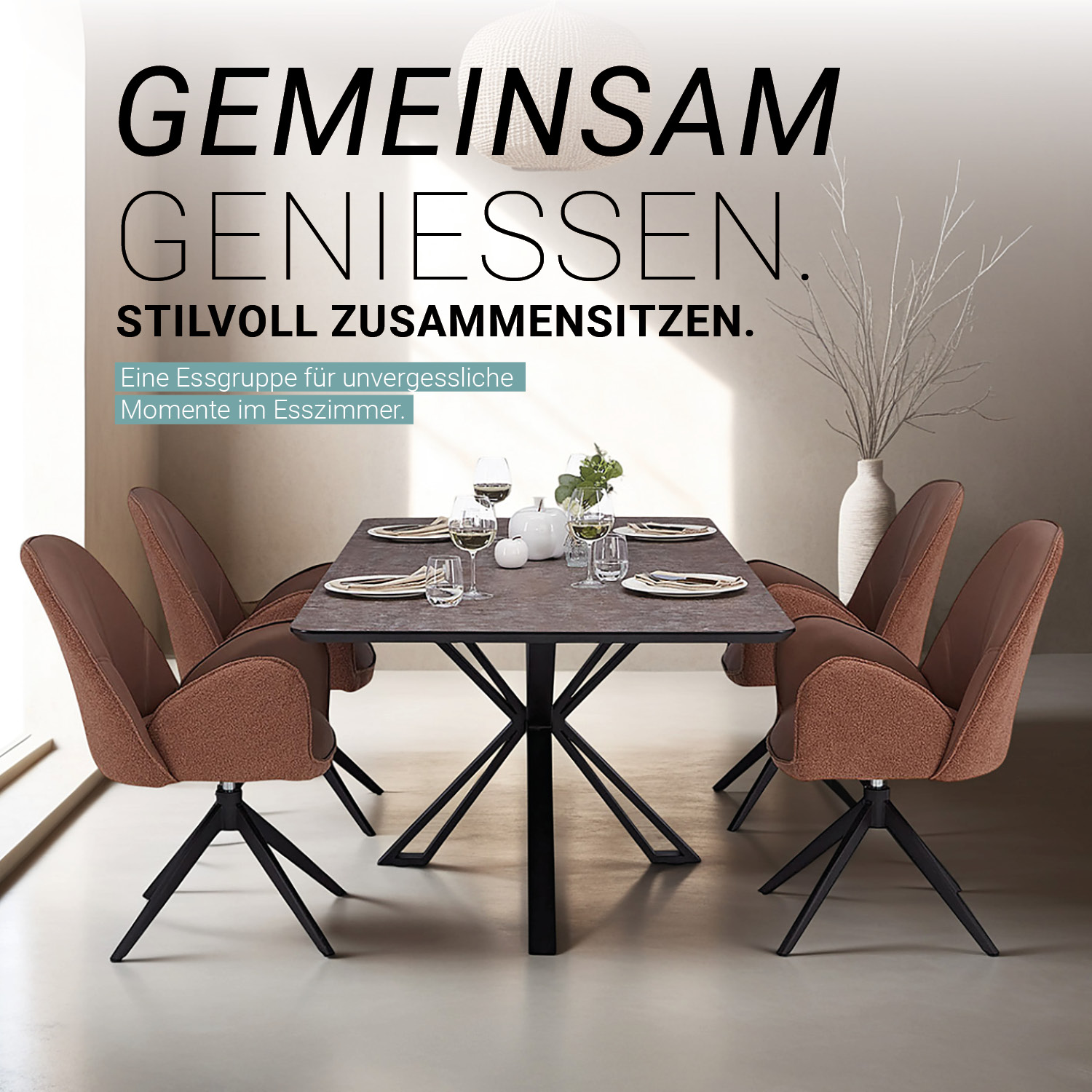 Dining set | 4-piece set upholstered chairs brown bouclé Leder with armrest | swivel | dining table brown metal frame 200 x 100 cm
