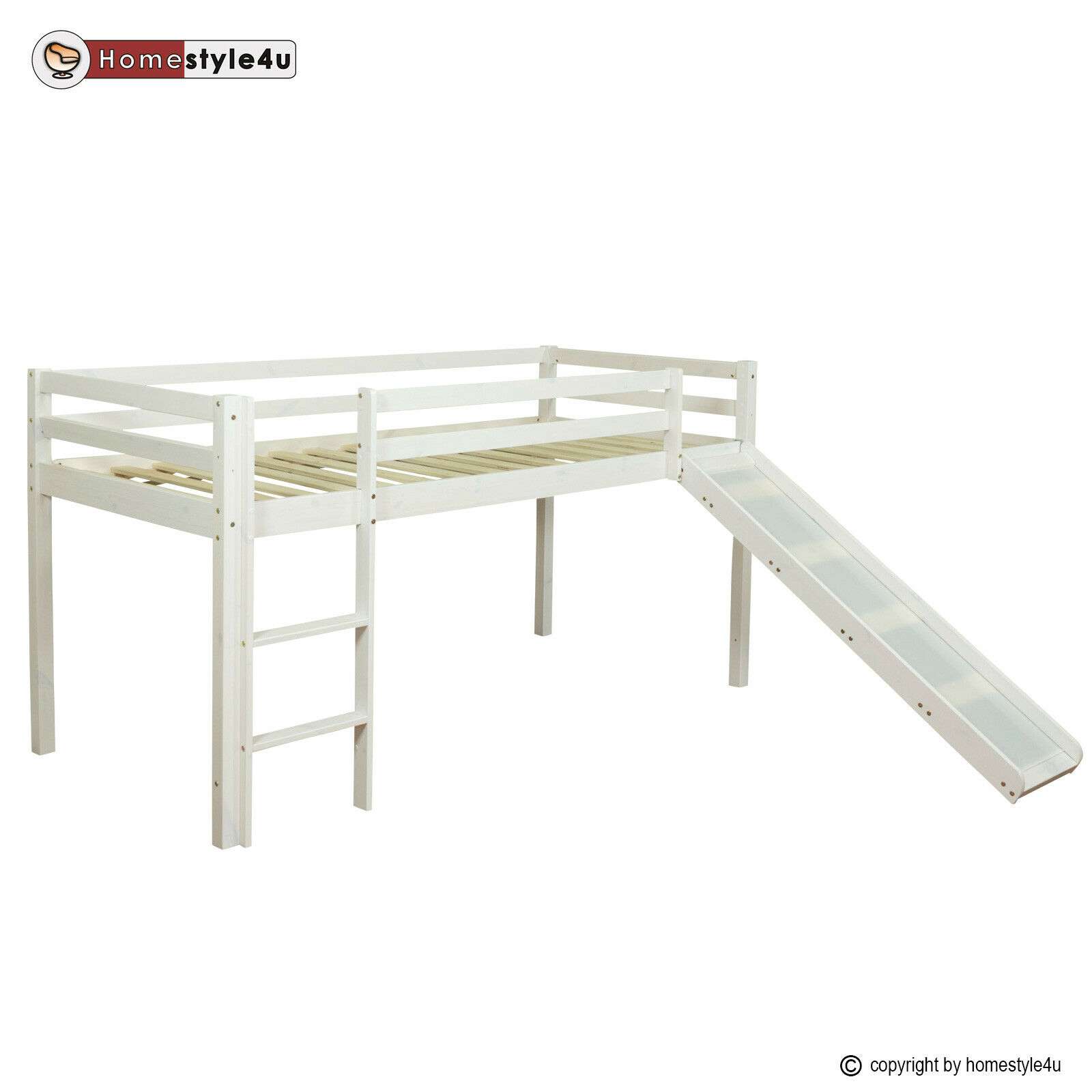 Loft Bed Kids 90x200 cm White with Curtain in Blue | Slide | without Slatted Frame