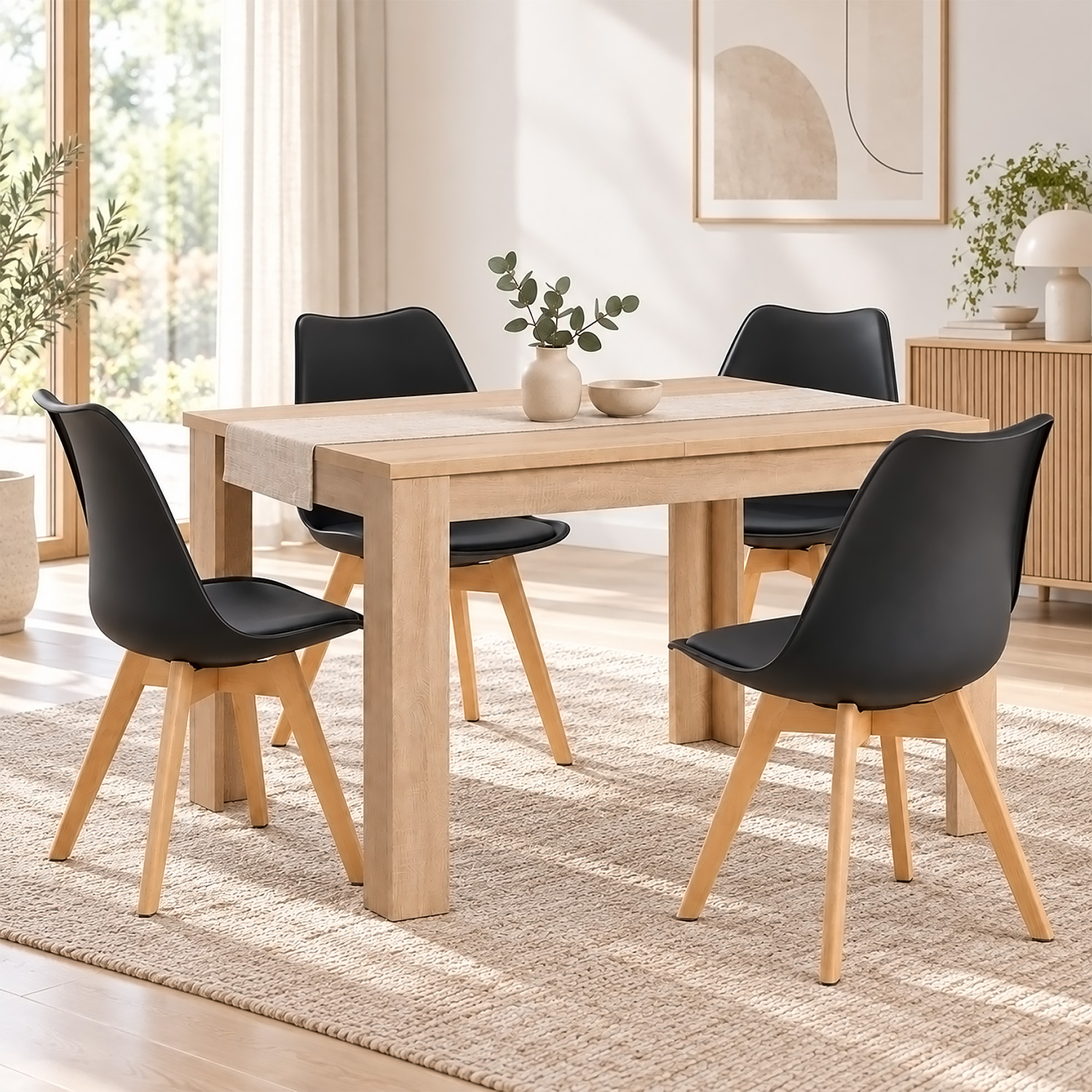 Dining Set (5-Piece): 120x80 cm oak extendable dining table with 4 black plastic chairs and wooden legs