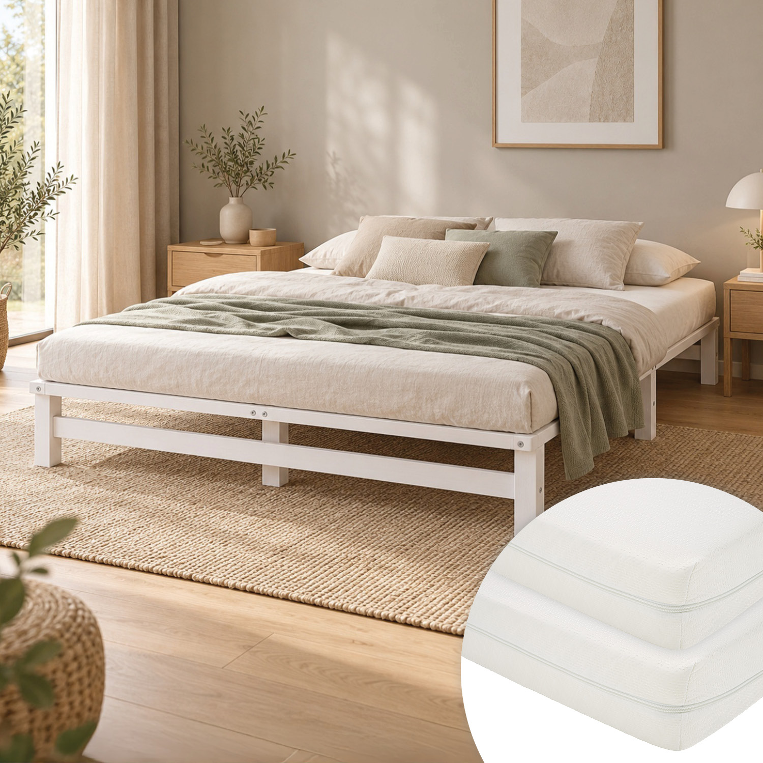 160x200 cm White Pallet Bed – Wooden Double Bed with 2 Mattress & Slatted Base for Teen Rooms, Guest Rooms, and Bedrooms