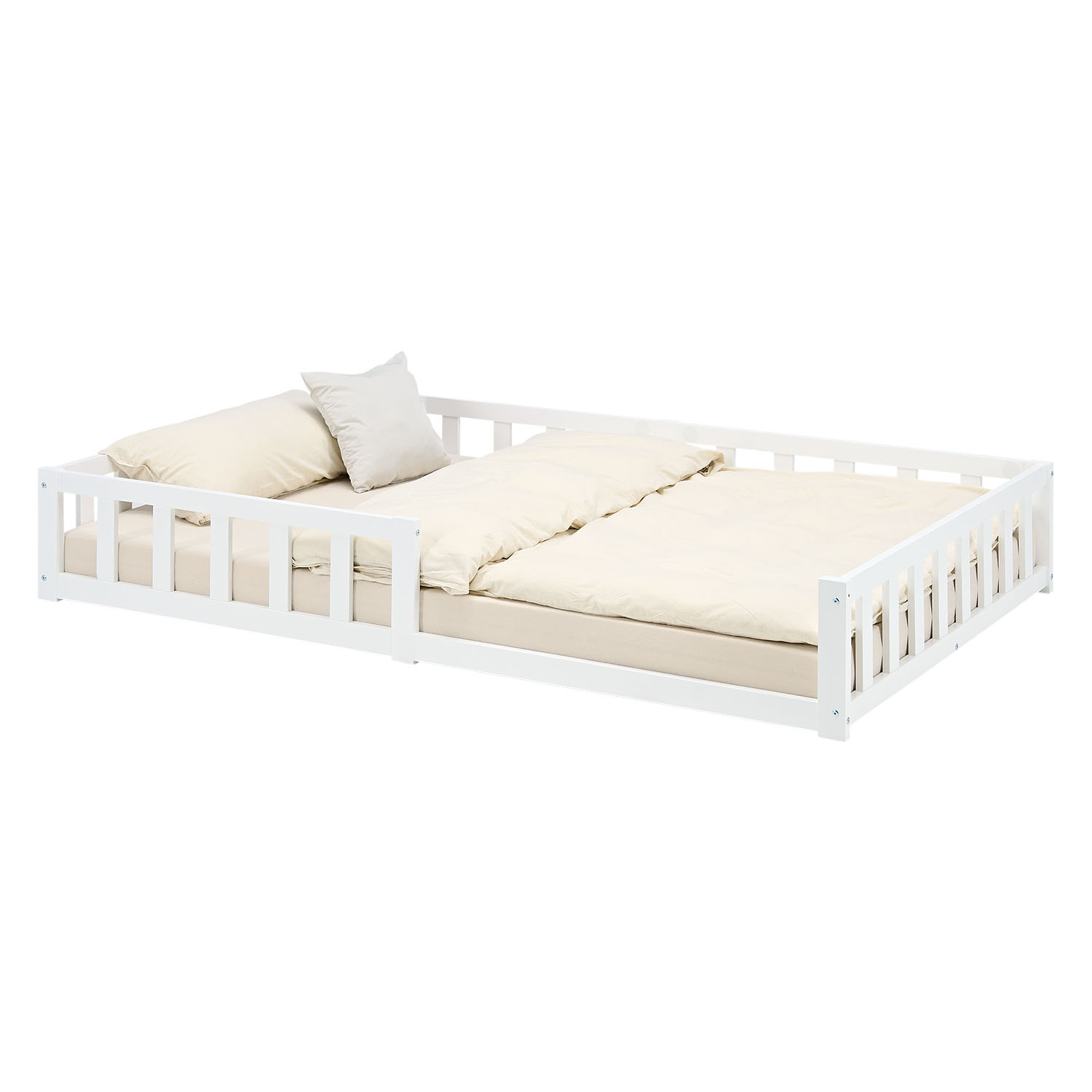Montessori Crib 120x200 cm White, Includes Mattress & Slatted Base – Floor-Level Crib with Safety Rail Made of Solid Wood