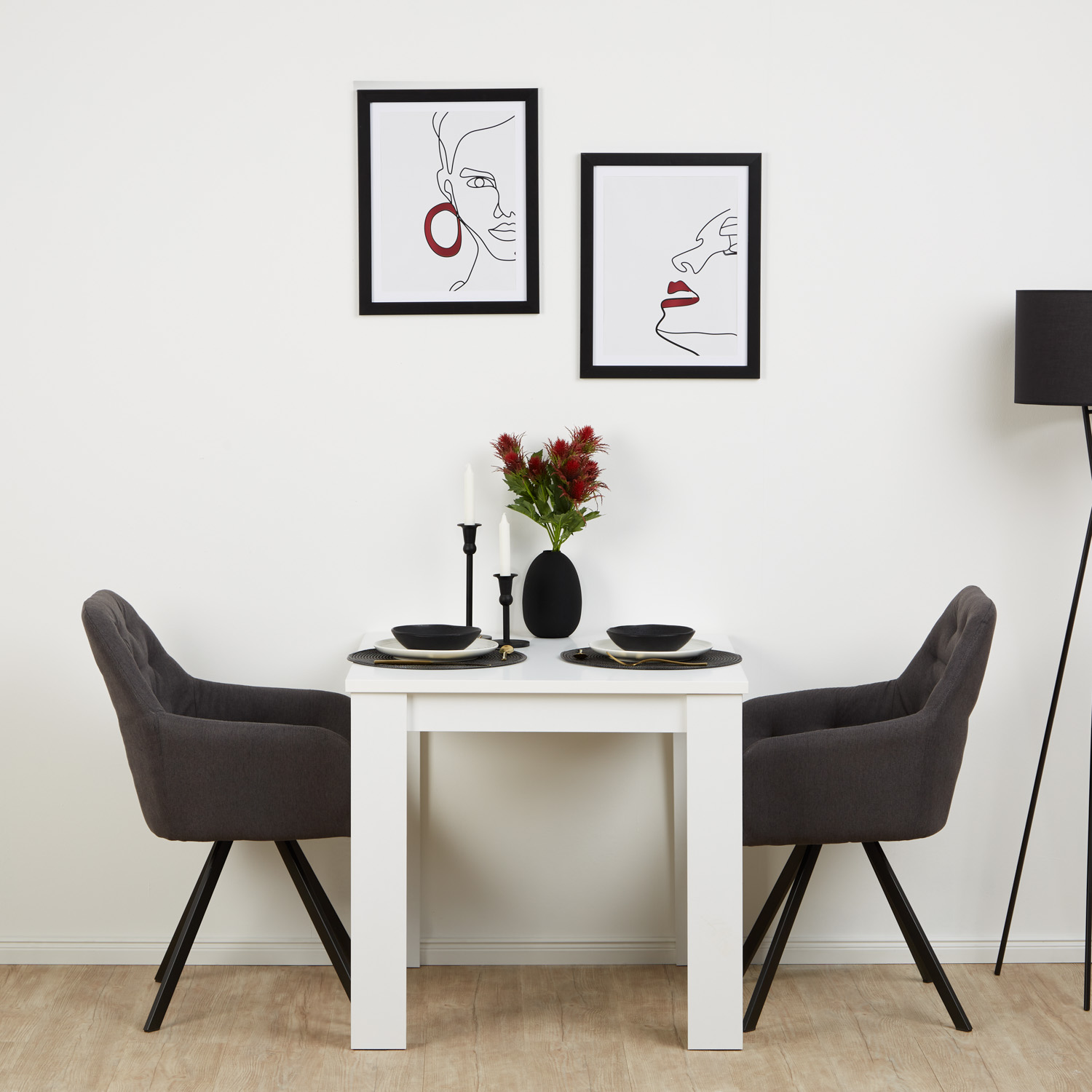 Essgruppe Weiß 80x80 cm mit 2 Stühlen anthrazit – modern & komfortabel
