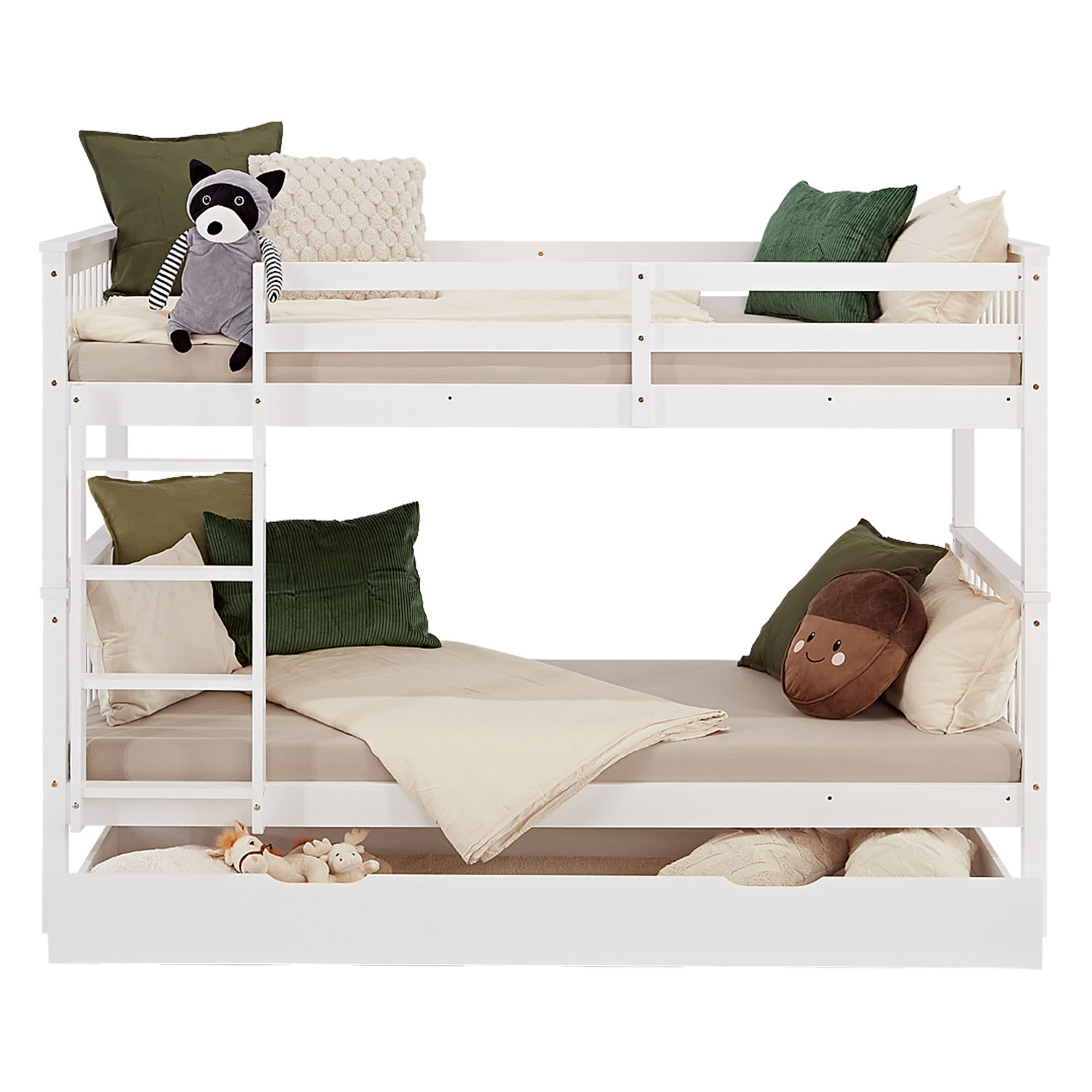 Bunk Bed 90x200 cm White | Kids Bed with Mattress | Storage | Fall Protection | Convertible | Massif pine wood