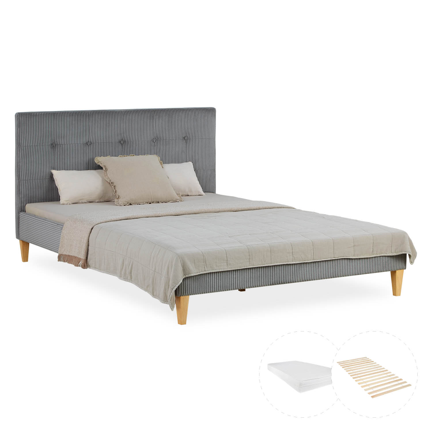 Small Double Bed 140x200 cm with Mattress Upholstered Bed Grey Cord with Slatted Frame Fabric Bed Frame