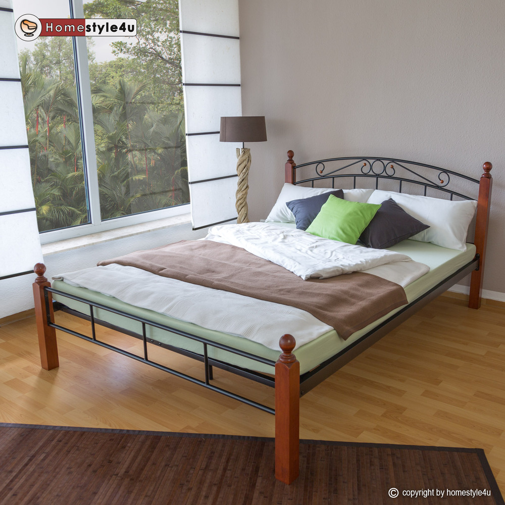 Design Iron Bed Double 180 x 200Wood Slatted black brown bed frame 916