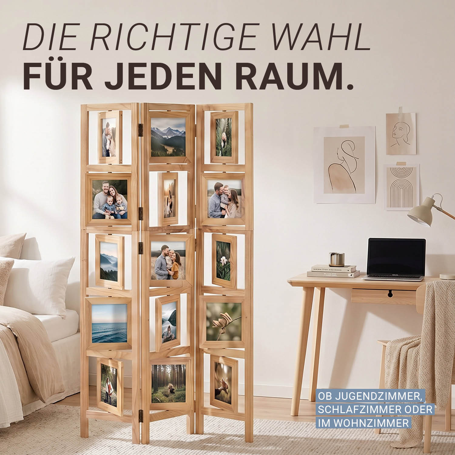 3-Panel "Nature" Folding Screen with Photos – Wooden Room Divider as a Photo Display