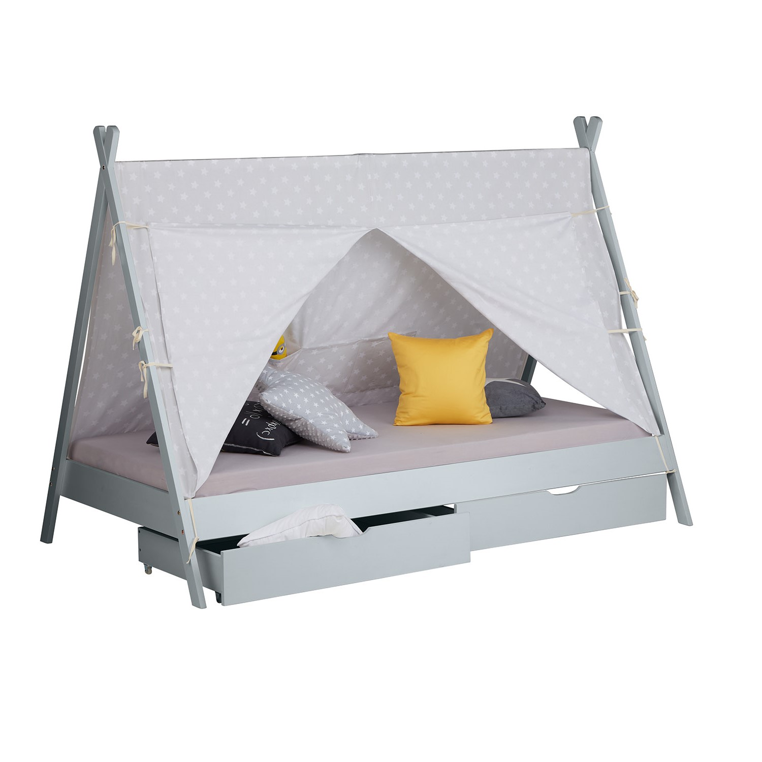 Children's Bed 90x200 cm Gray Gray Fabric | Tent Bed with Drawers | Single Bed | with Slatted Frame | Wood