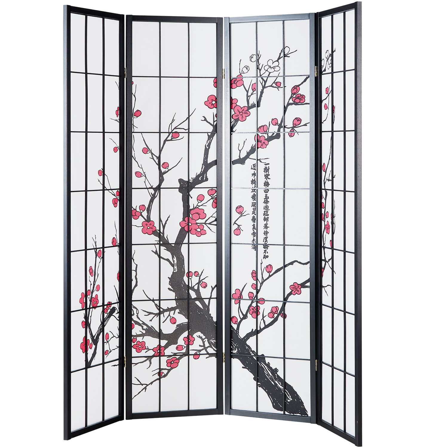 Paravent Black Cherry Pattern | Rice Paper White | 4-panel | Wood | Room Divider Partition Privacy Screen
