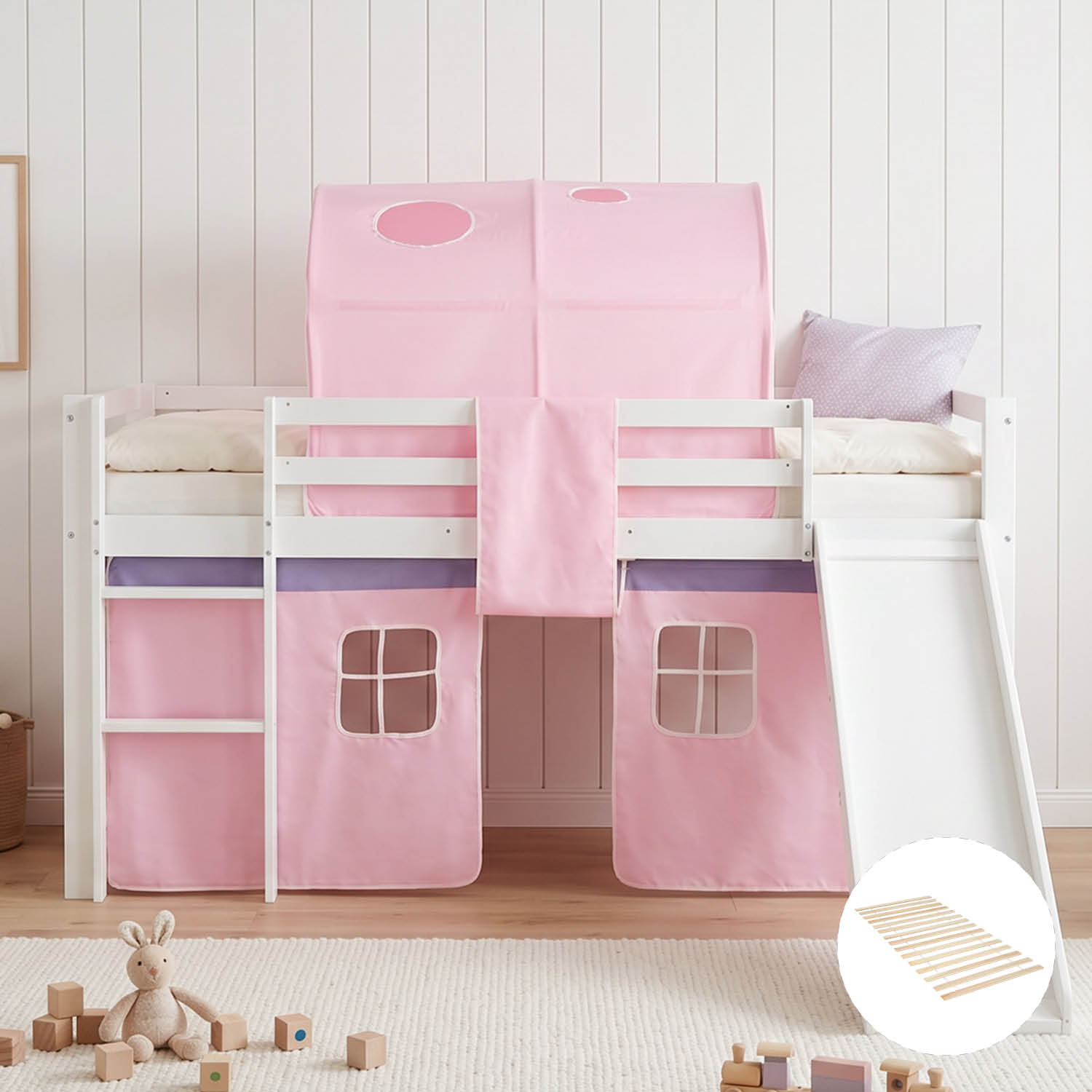 Children's Loft Bed 90x200 cm White with Pink Curtain | Tunnel | Slide | with Slatted Base