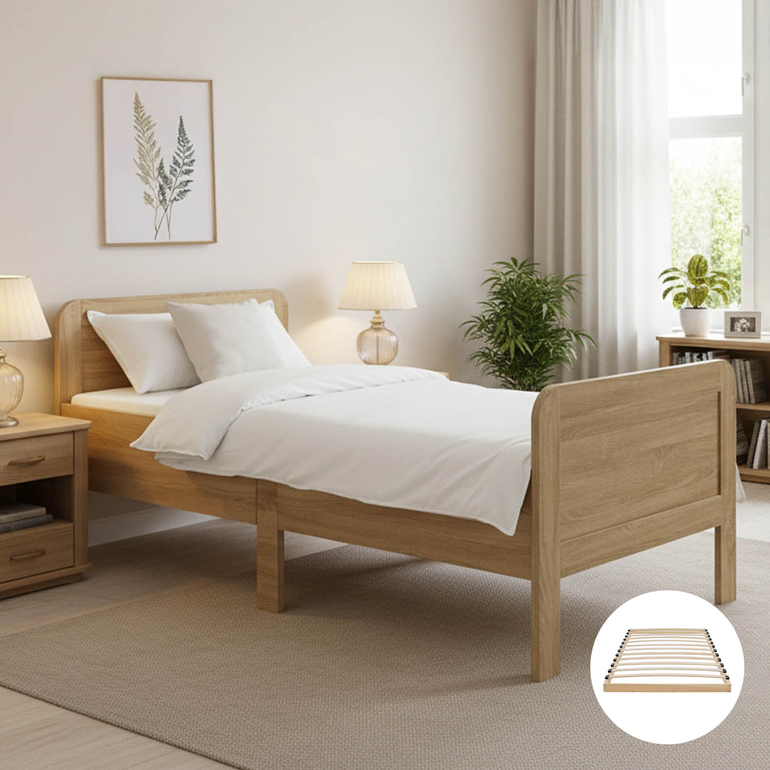 Comfort Bed 90x200 cm Natural | Senior Bed Height Adjustable with Slatted Frame | Single Bed | Wood