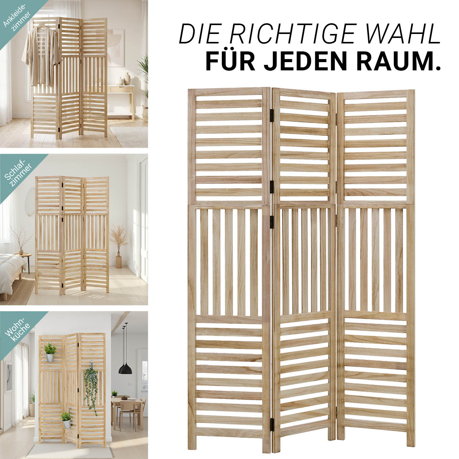 Paravent Natural Wooden Slats | 3-panel | Wood | Room Divider Partition Privacy Screen