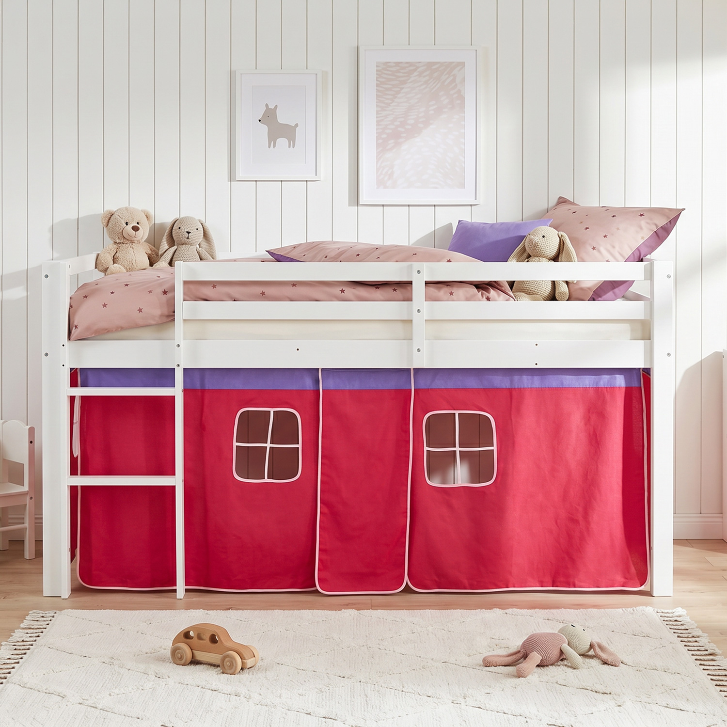 Loft Bed Kids 90x200 cm White with Curtain in Pink | without Slatted Frame