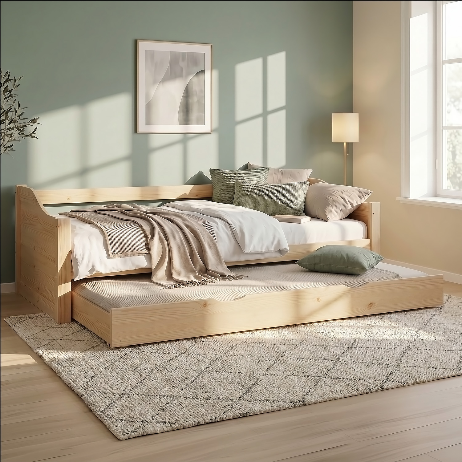 Wood Bed 90x200 cm Natural | Extendable | Cabin Bed | with Mattress | Kids Youth Guest Bedroom