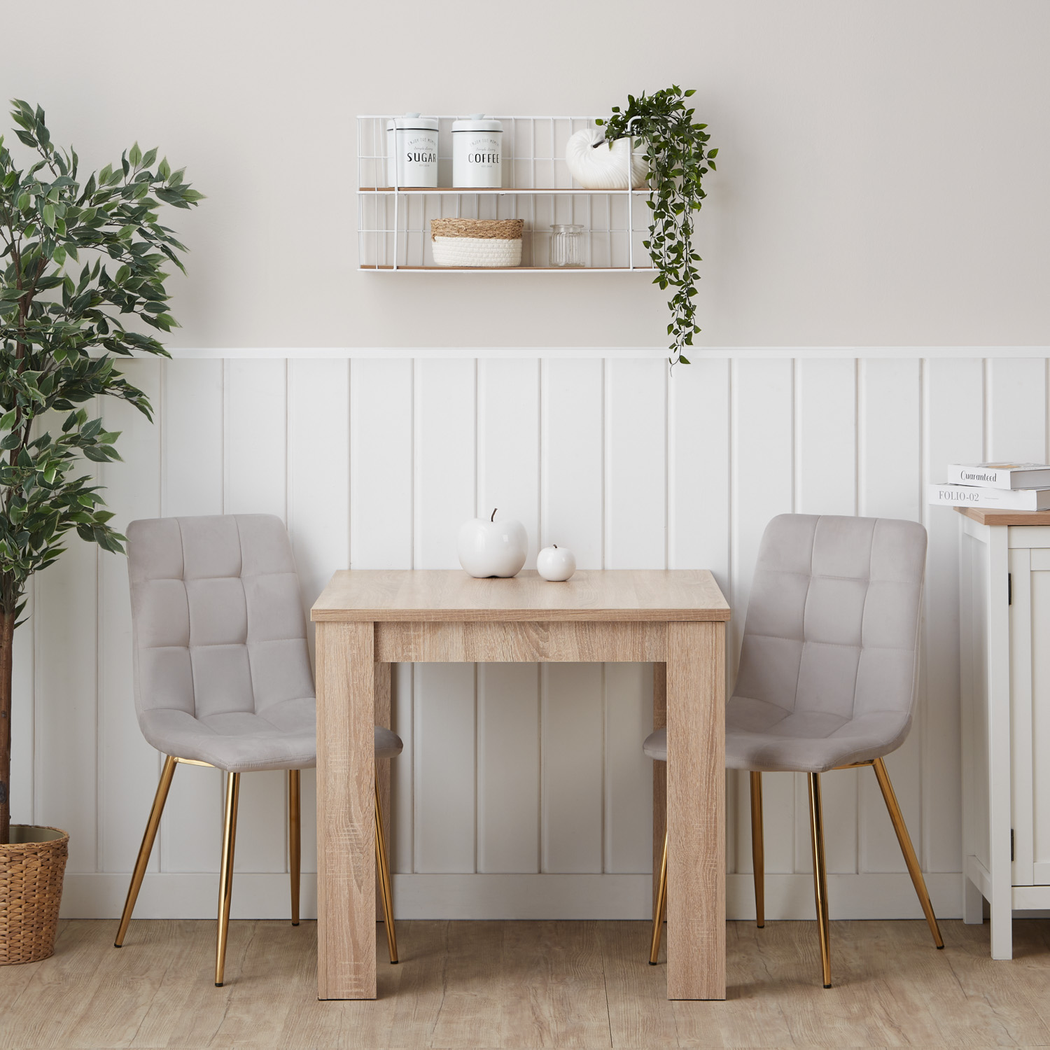 Dining Set (3-Piece): Oak Dining Table with 2 Light Gray Velvet Upholstered Chairs & Gold Metal Legs